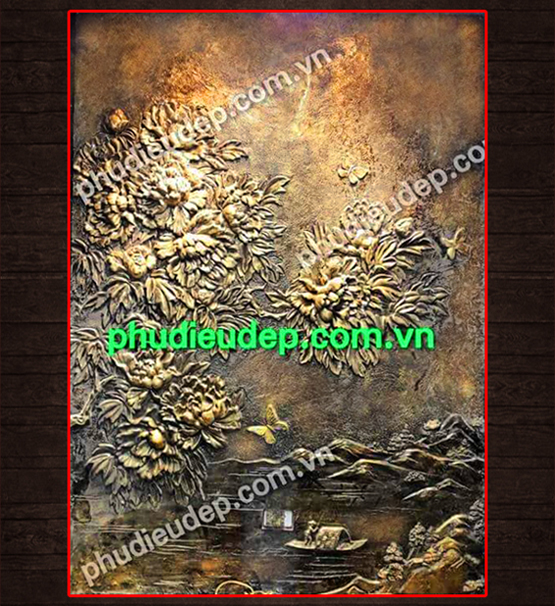 tranh phù điêu hoa mẫu đơn giả đồng