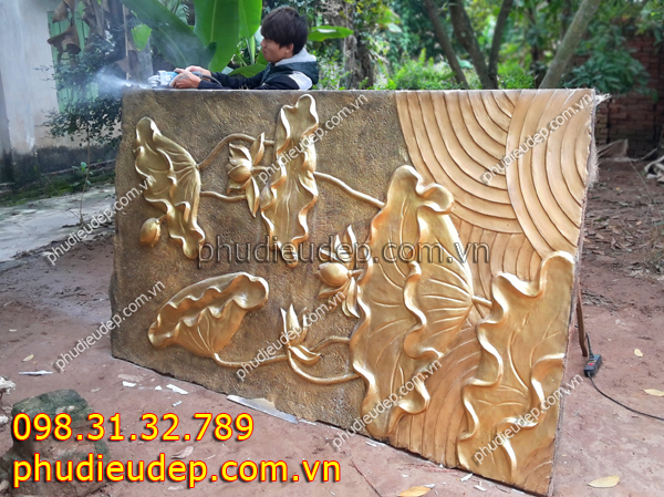 tranh phù điêu hoa sen cách điệu giả đồng (phù điêu giá rẻ nhất HN)
