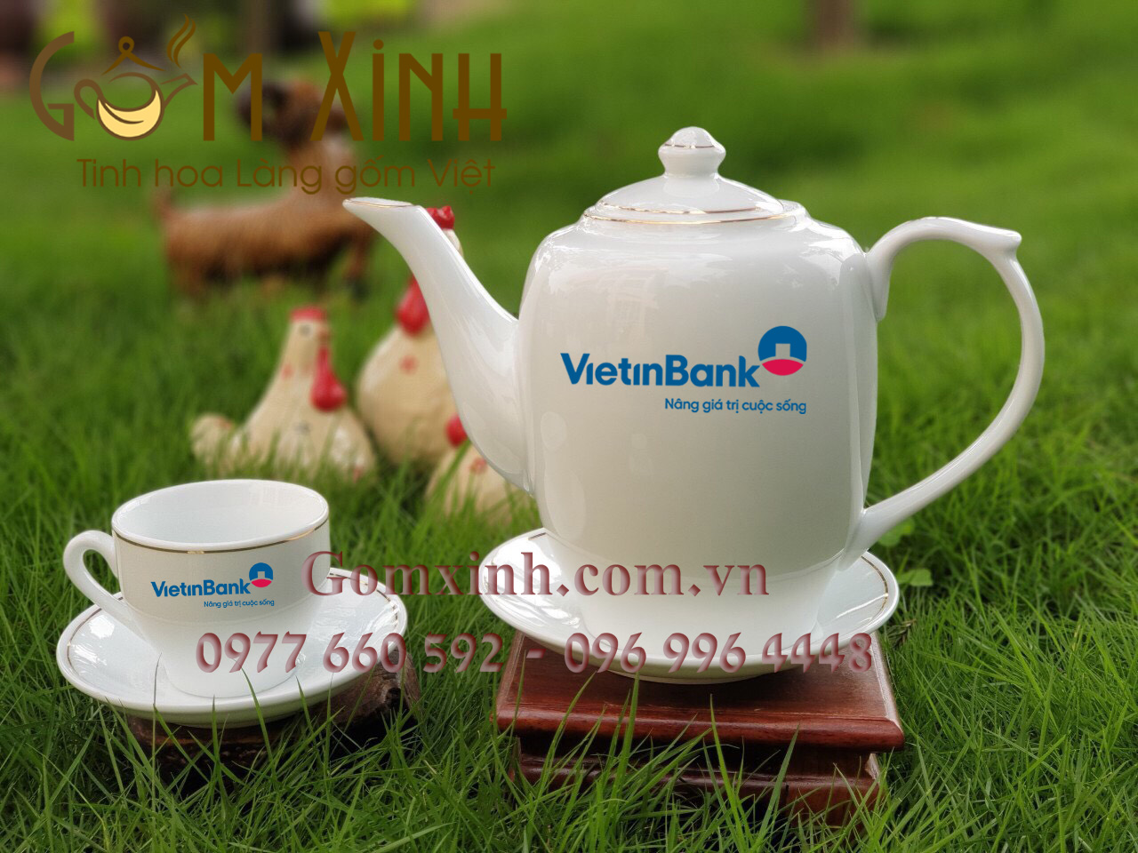 Bộ ấm chén Bát Tràng cao cấp Sago in logo