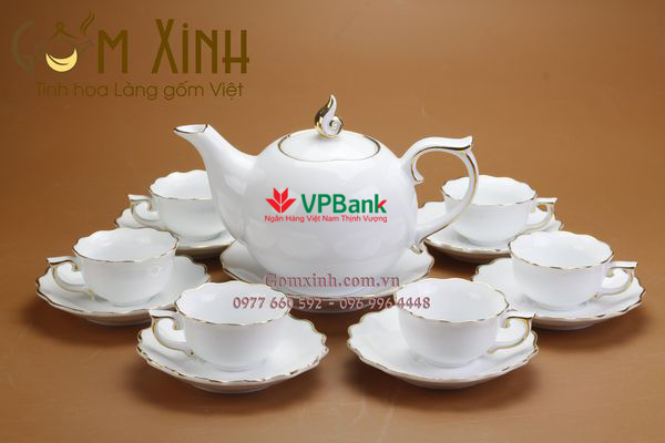 BỘ TRÀ SỨ MẪU ĐƠN VIỀN VÀNG KIM IN LOGO