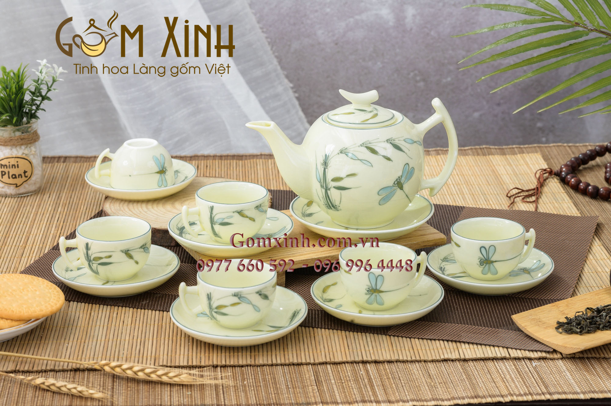 Bộ trà bưởi cành men kem vẽ thanh trúc