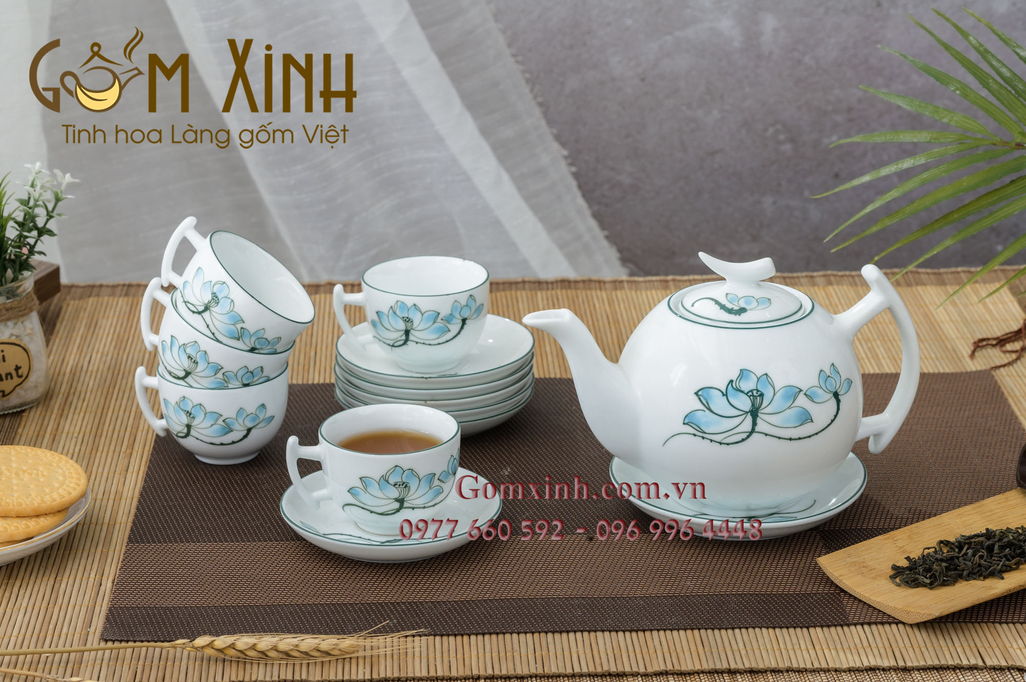 Bộ trà bưởi cành vẽ hoa sen