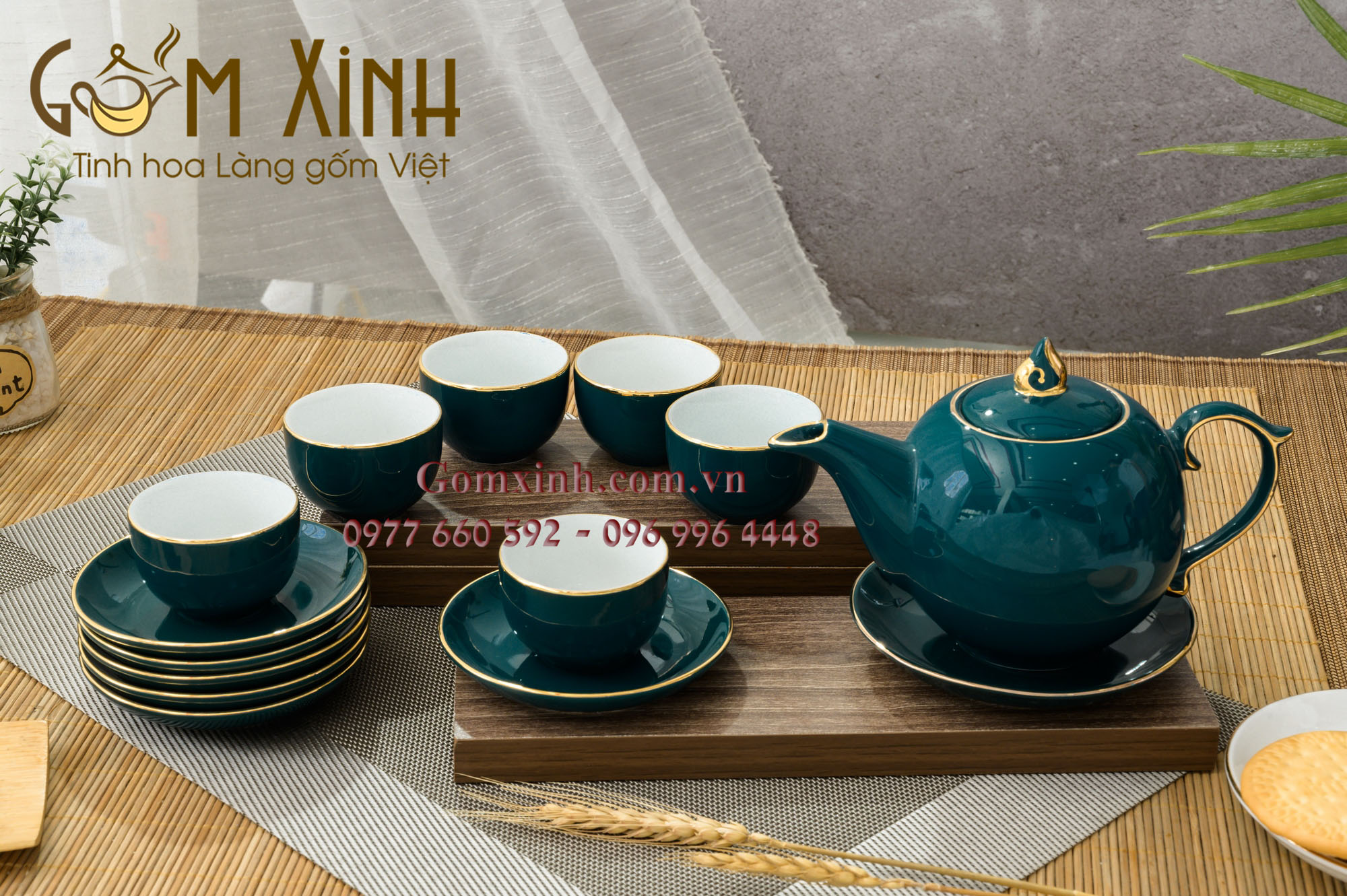 Bộ ấm trà Chóp lửa xanh cửu long vàng kim