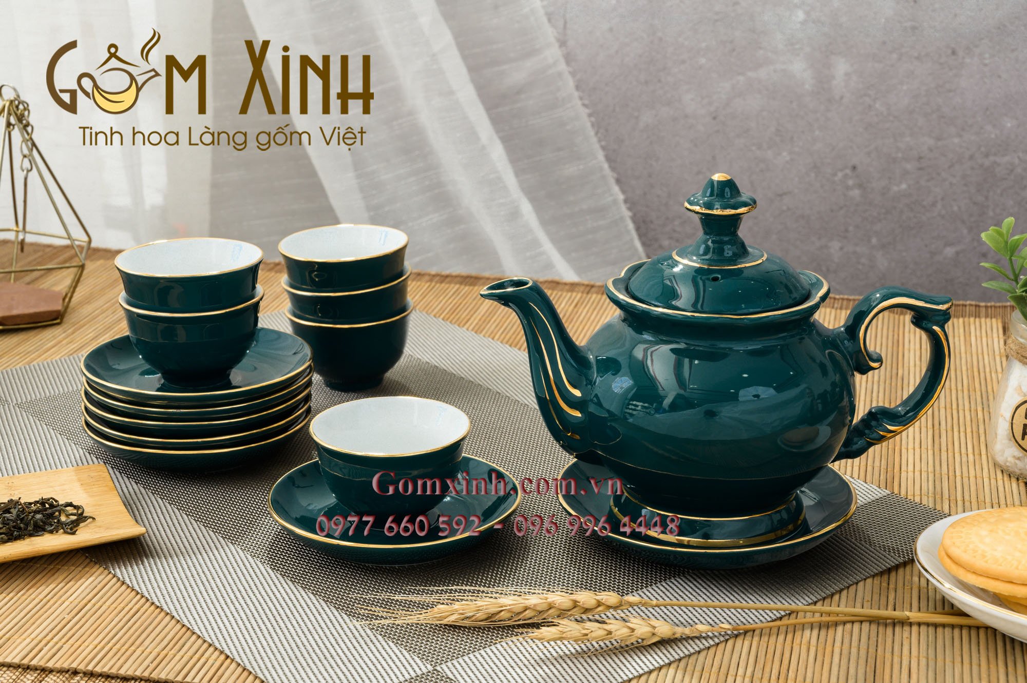 Bộ bình trà Phú Quý xanh cửu long viền vàng kim