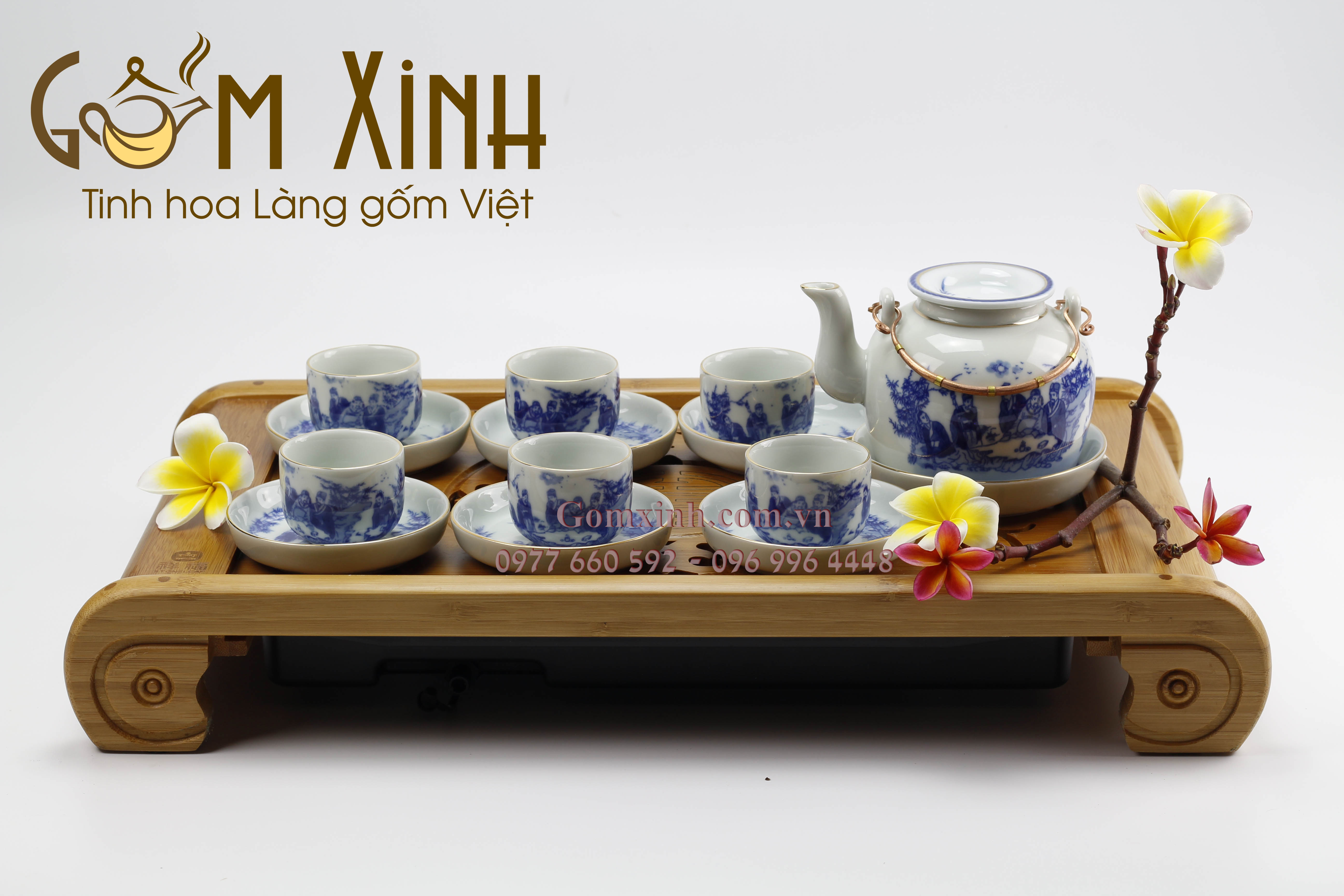 Bộ Vung lõm Trúc lâm thất hiền men lam cổ viền vàng kim