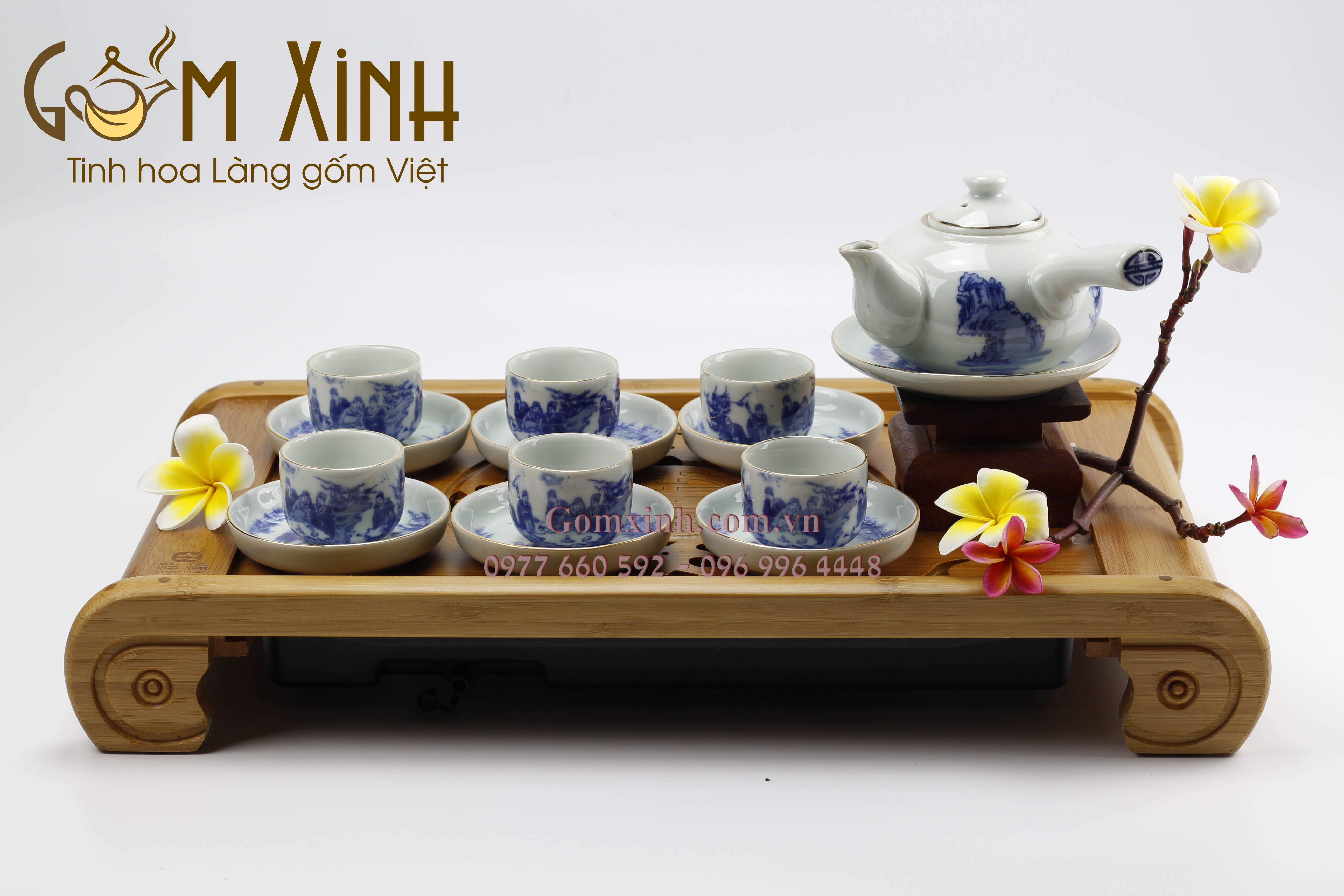 Bộ Quai ngang Trúc lâm thất hiền men lam cổ viền vàng kim