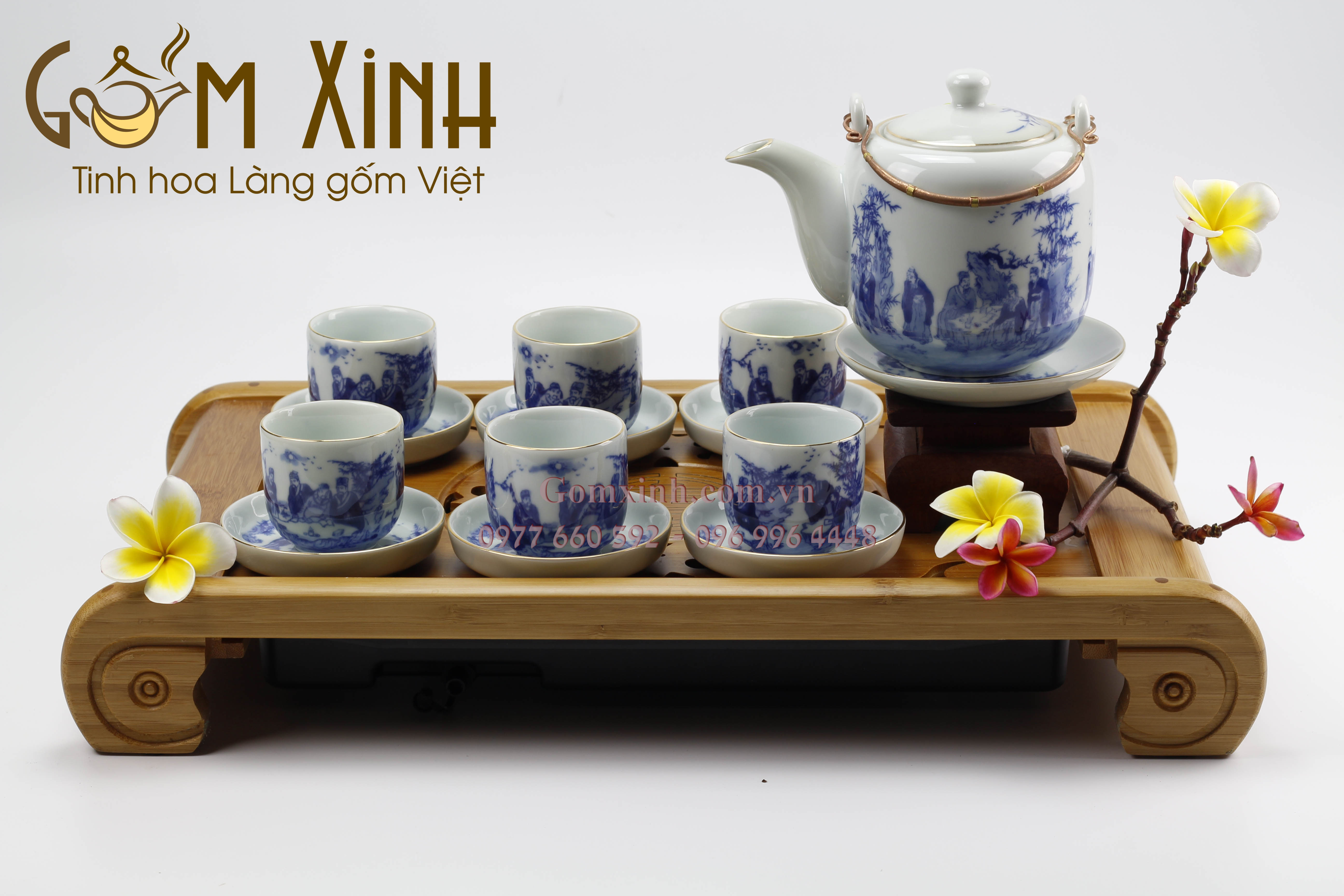 Bộ Vại Trúc lâm thất hiền (cỡ lớn) men lam cổ viền vàng kim