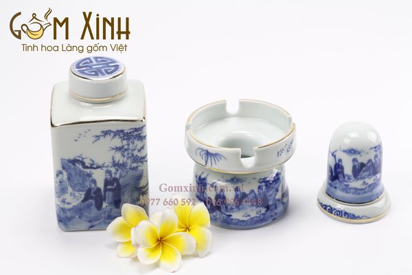 Bộ Bưởi Trúc lâm thất hiền men lam cổ viền vàng kim kèm phụ kiện