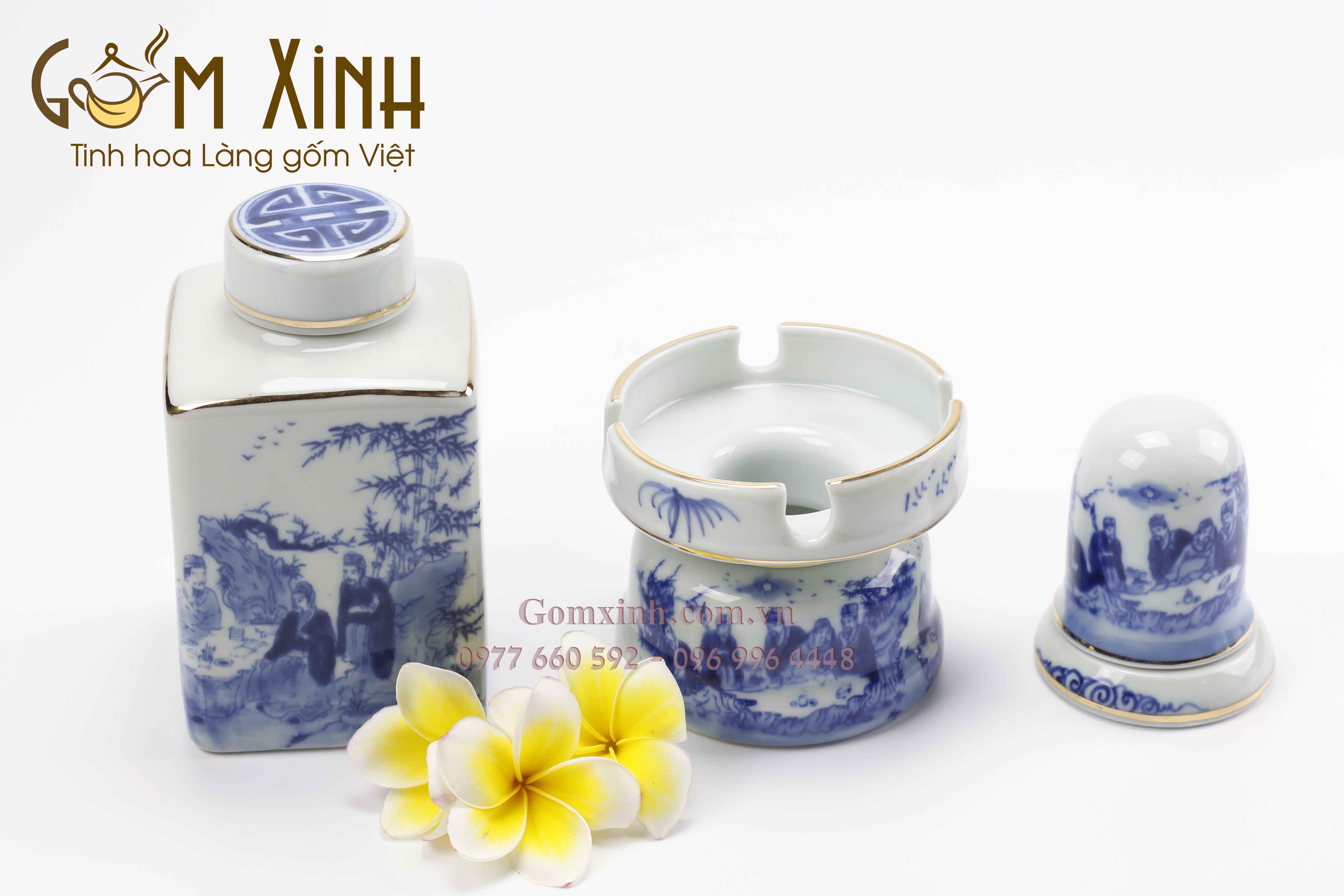 Bộ Vung lõm Trúc lâm thất hiền viền vàng kim kèm khay & phụ kiện