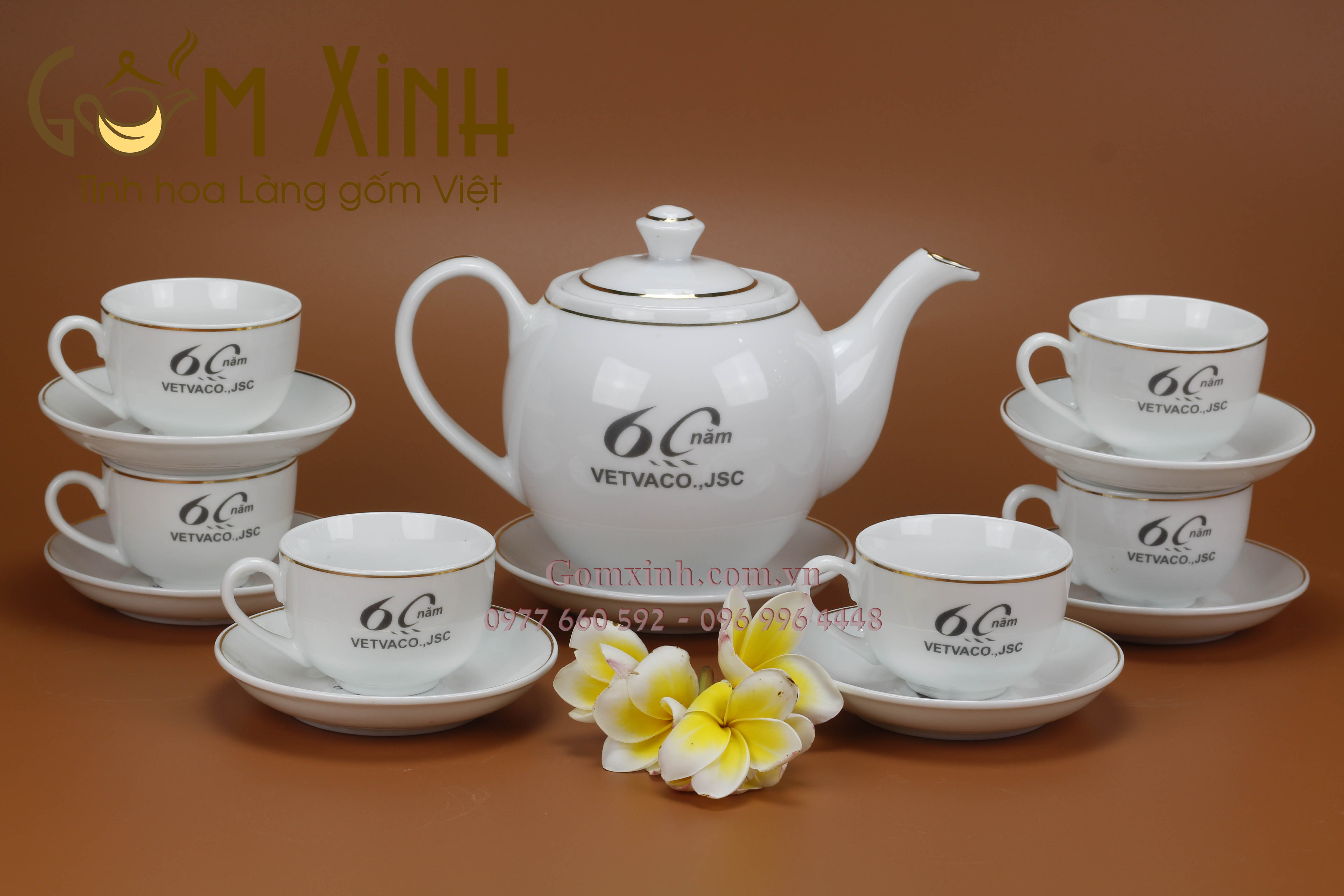 Bộ trà ML2 chỉ vàng kim in logo