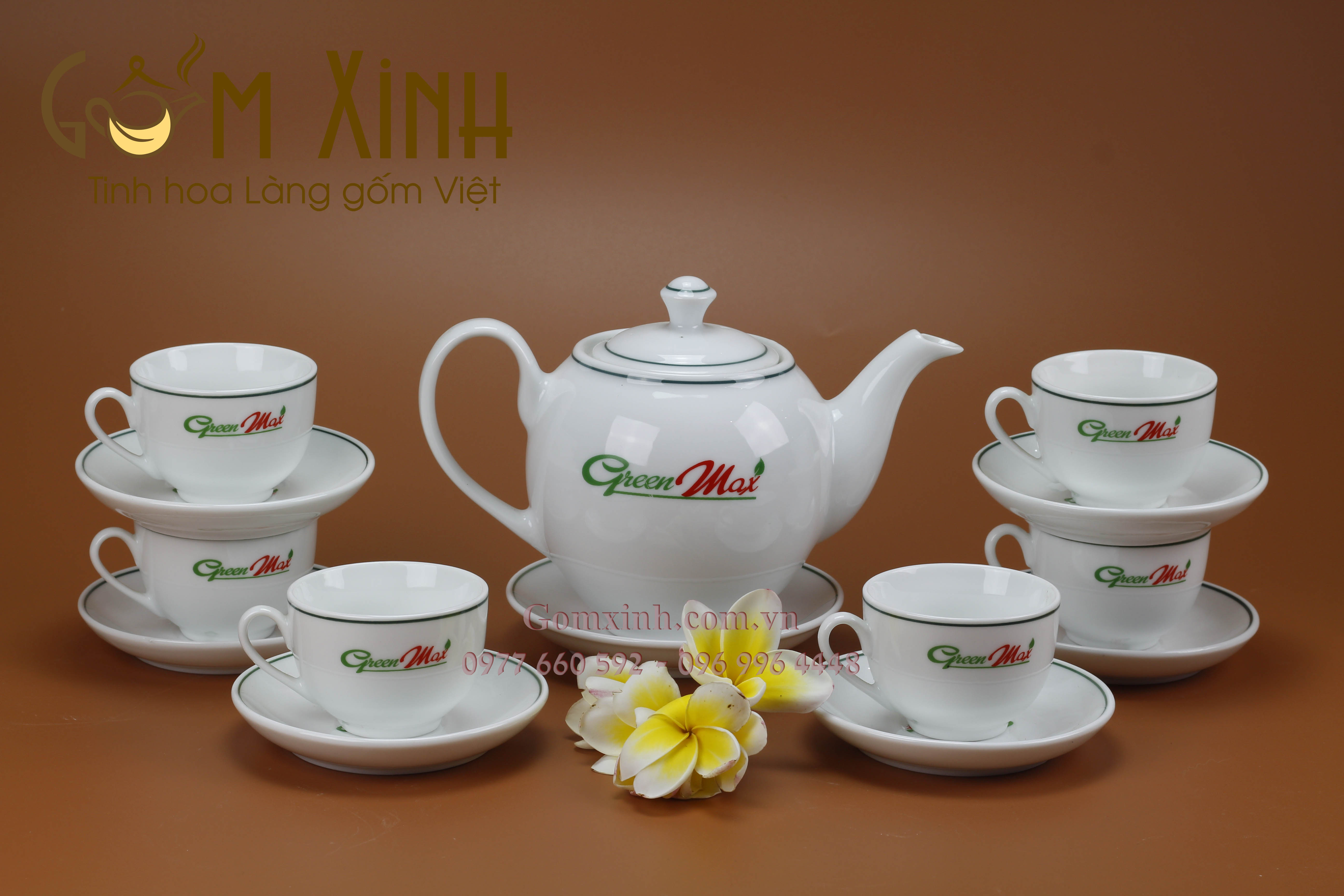 Bộ ấm chén Bát Tràng chỉ xanh in logo