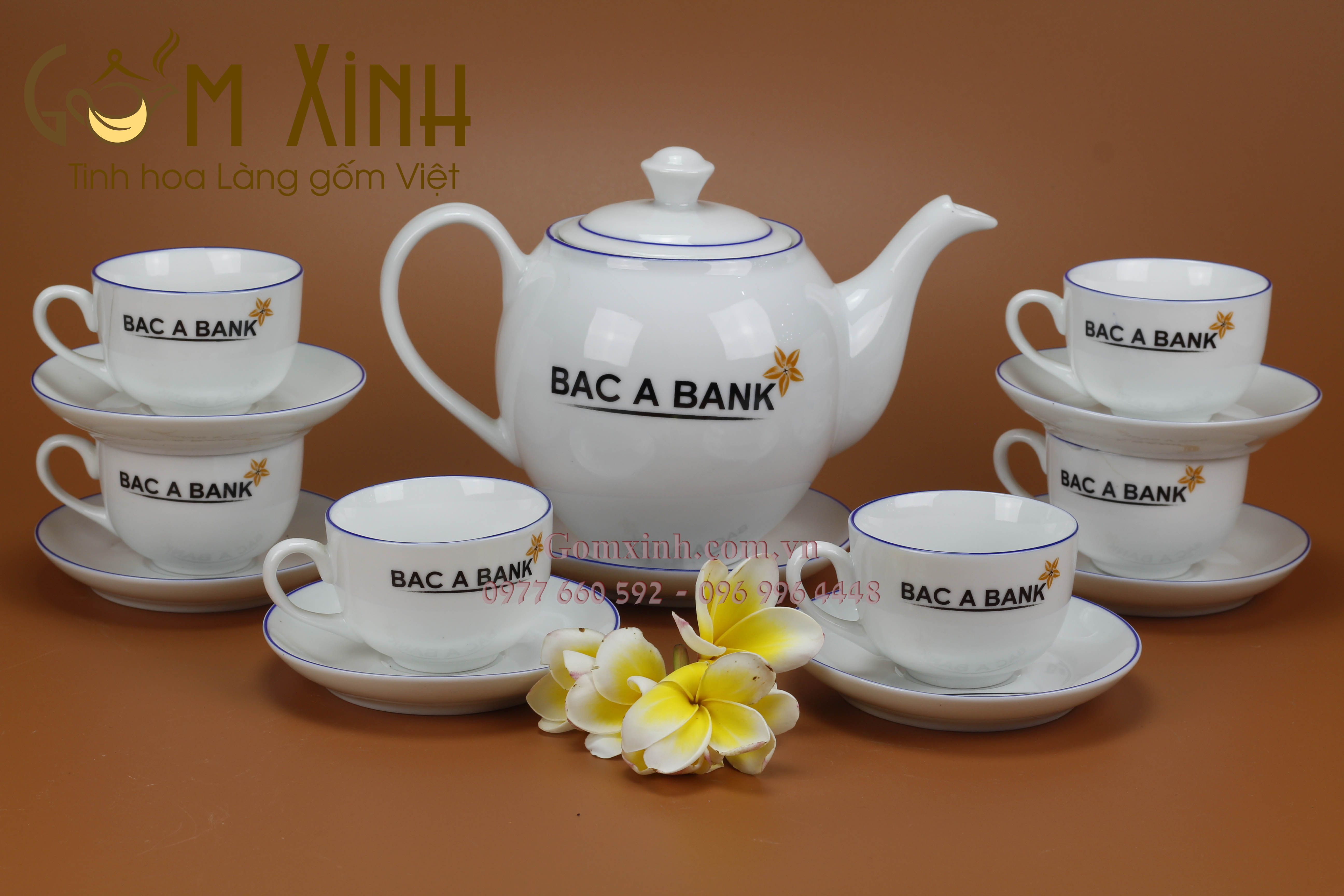 Bộ ấm chén bát tràng chỉ xanh in logo Bắc Á Bank