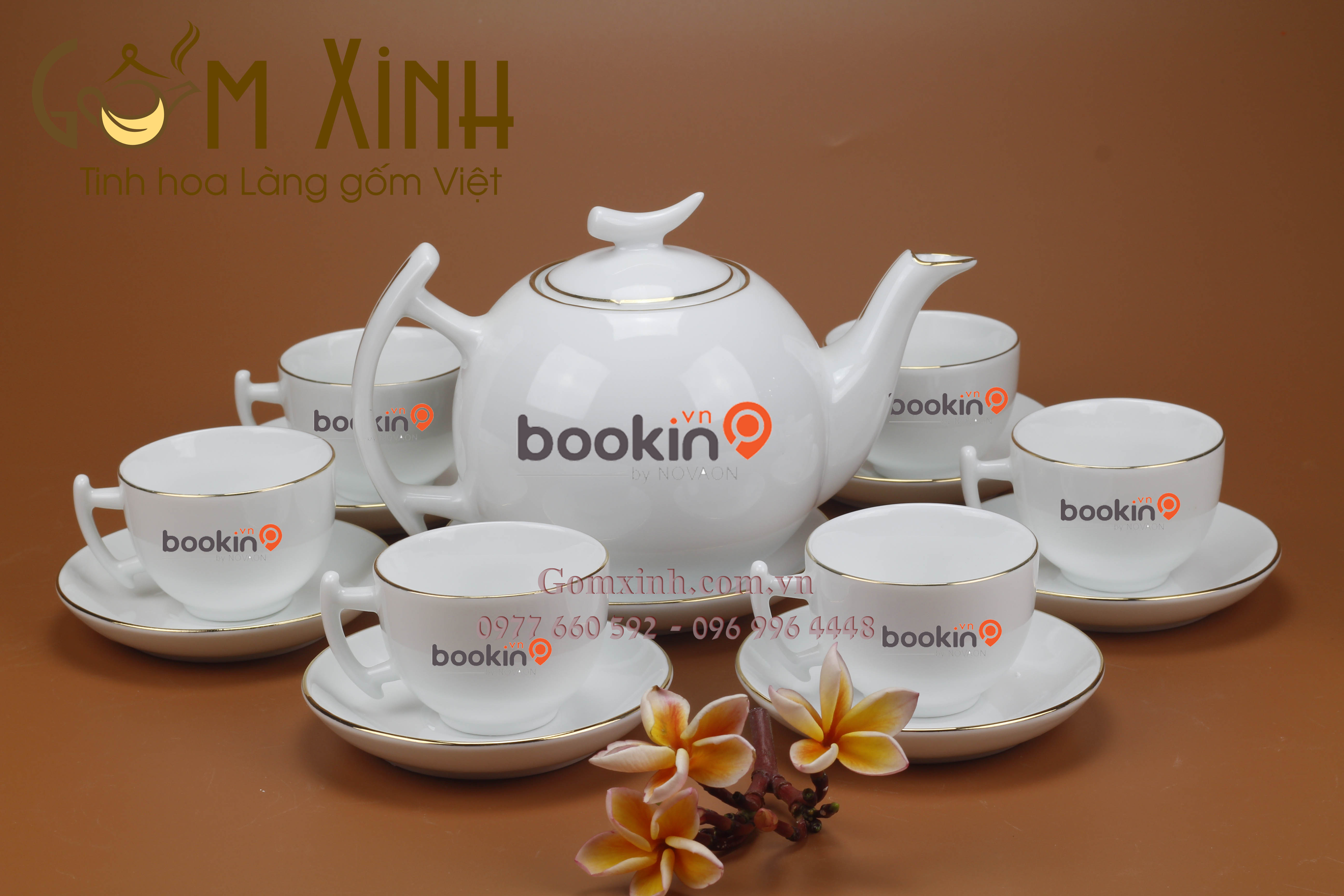 Bộ ấm chén trắng in logo giá rẻ