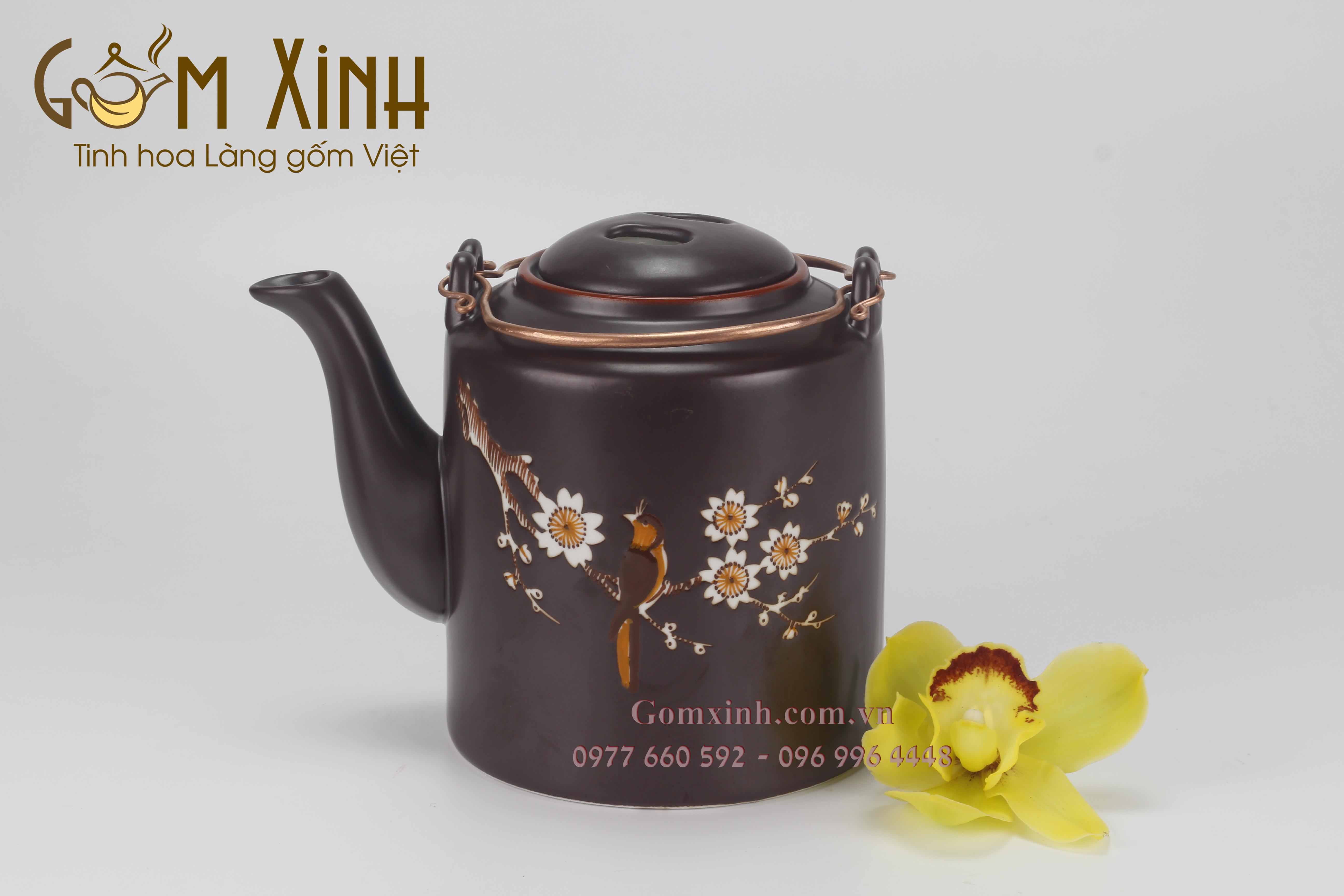 Bộ Tích 1.5 lít men nâu khắc vẽ chim đào