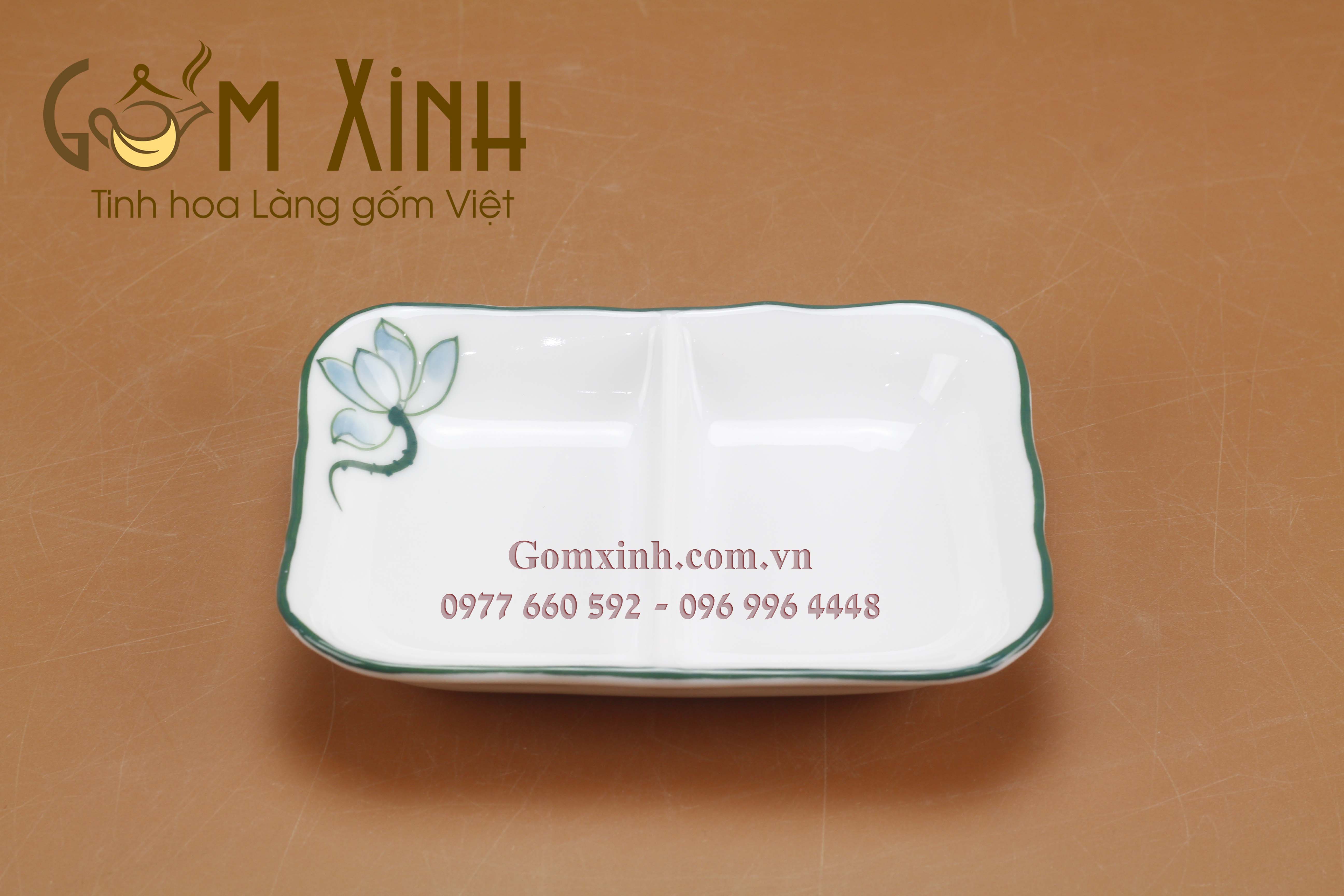 Khay muối 2 ngăn men trắng vẽ hoa sen (12cm x 9cm)