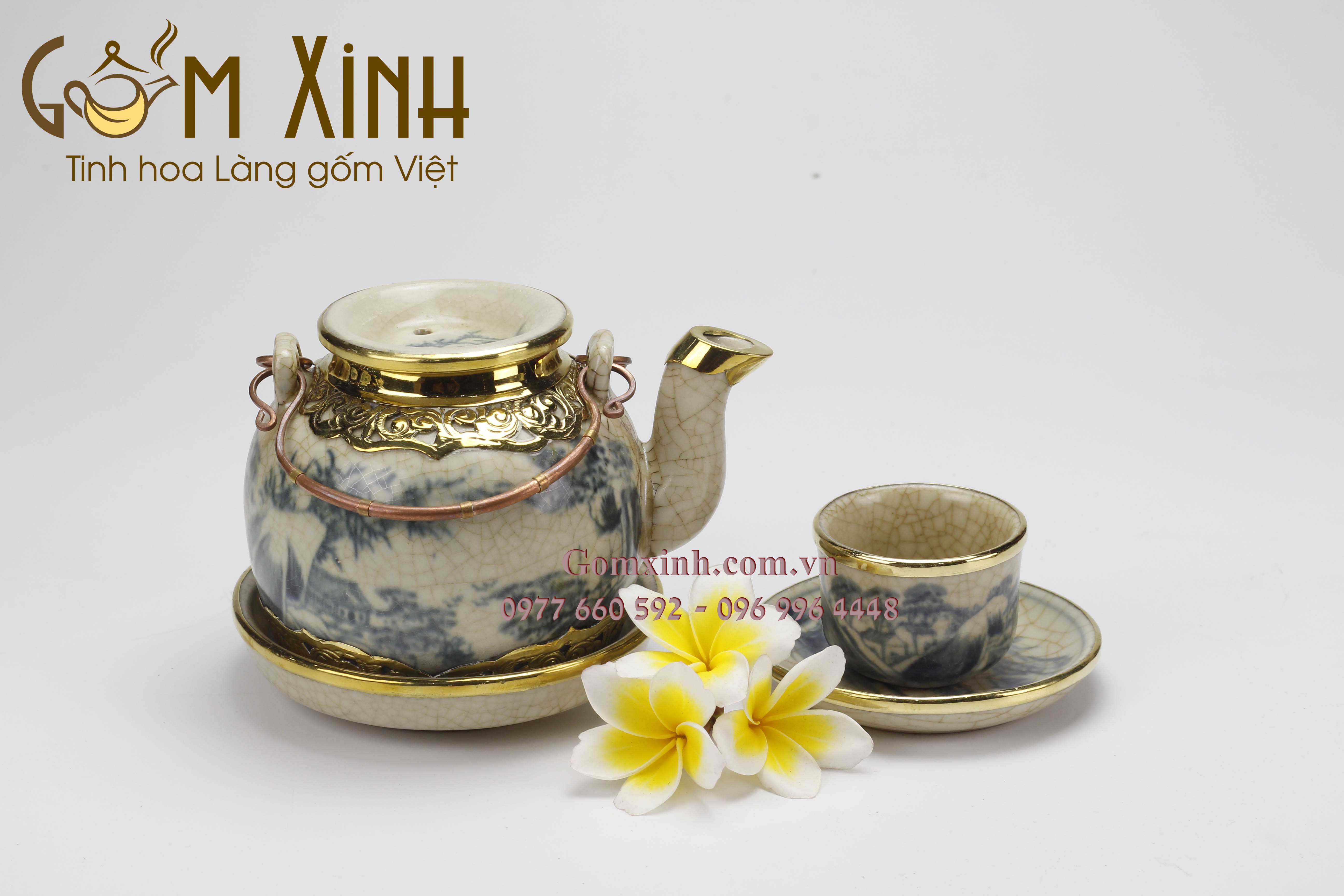 Bộ Vung lõm men rạn giả cổ bọc đồng kèm phụ kiện