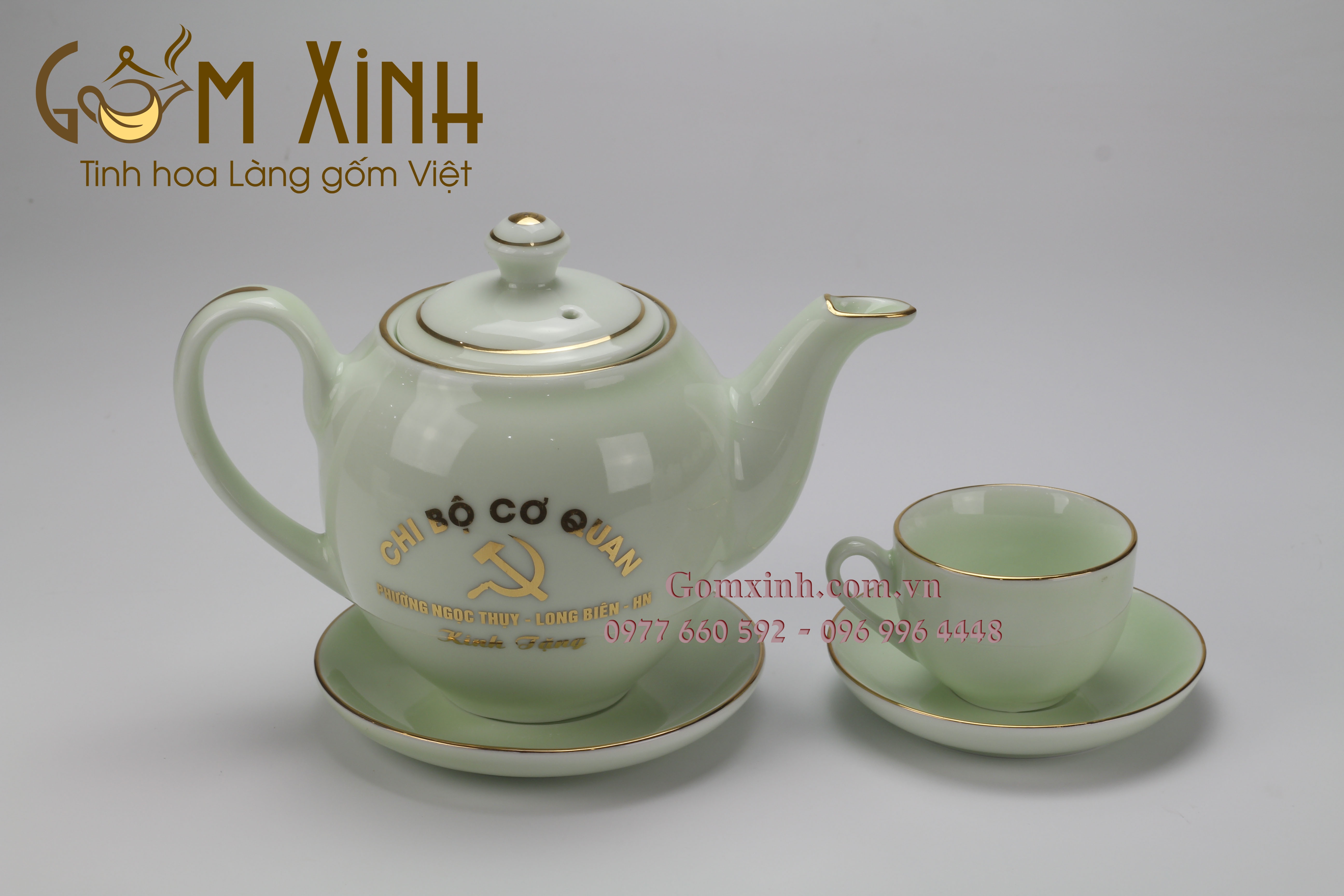 Bộ ấm chén in logo men ngọc chỉ vàng kim