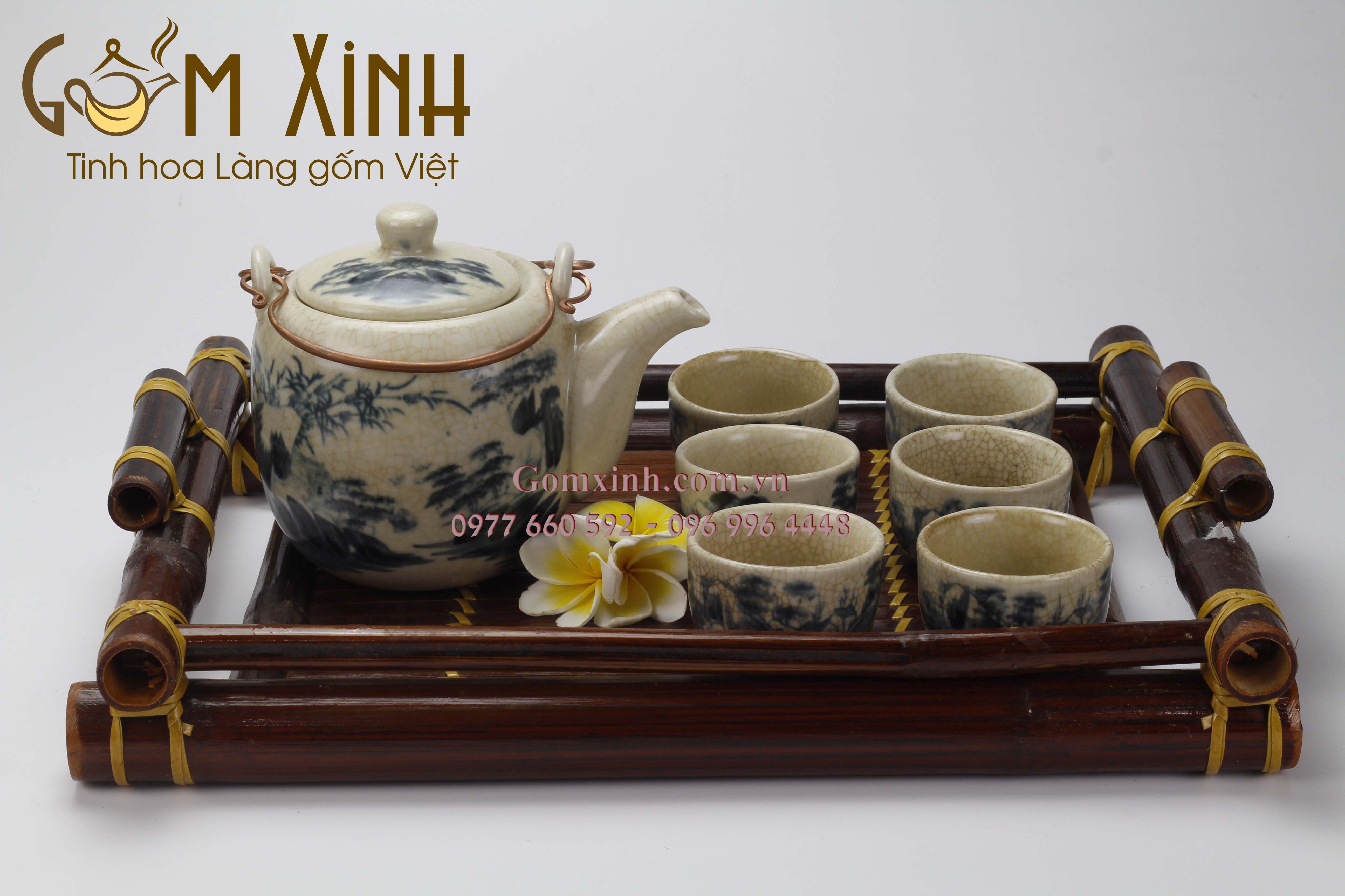 Bộ trà dáng Vại men rạn giả cổ kèm khay tre