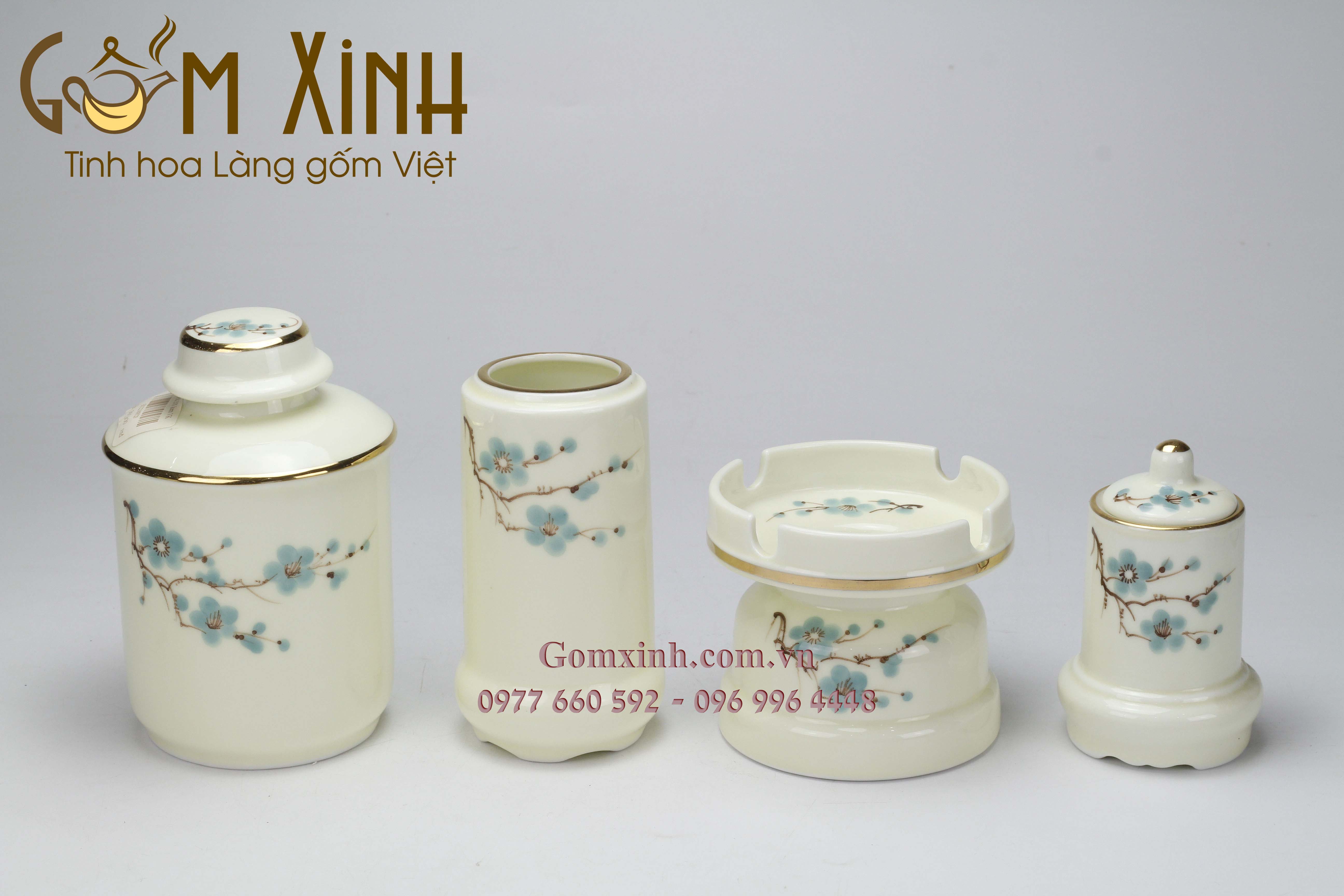 Bộ trà bưởi cành vẽ hoa đào vàng kim kèm phụ kiện