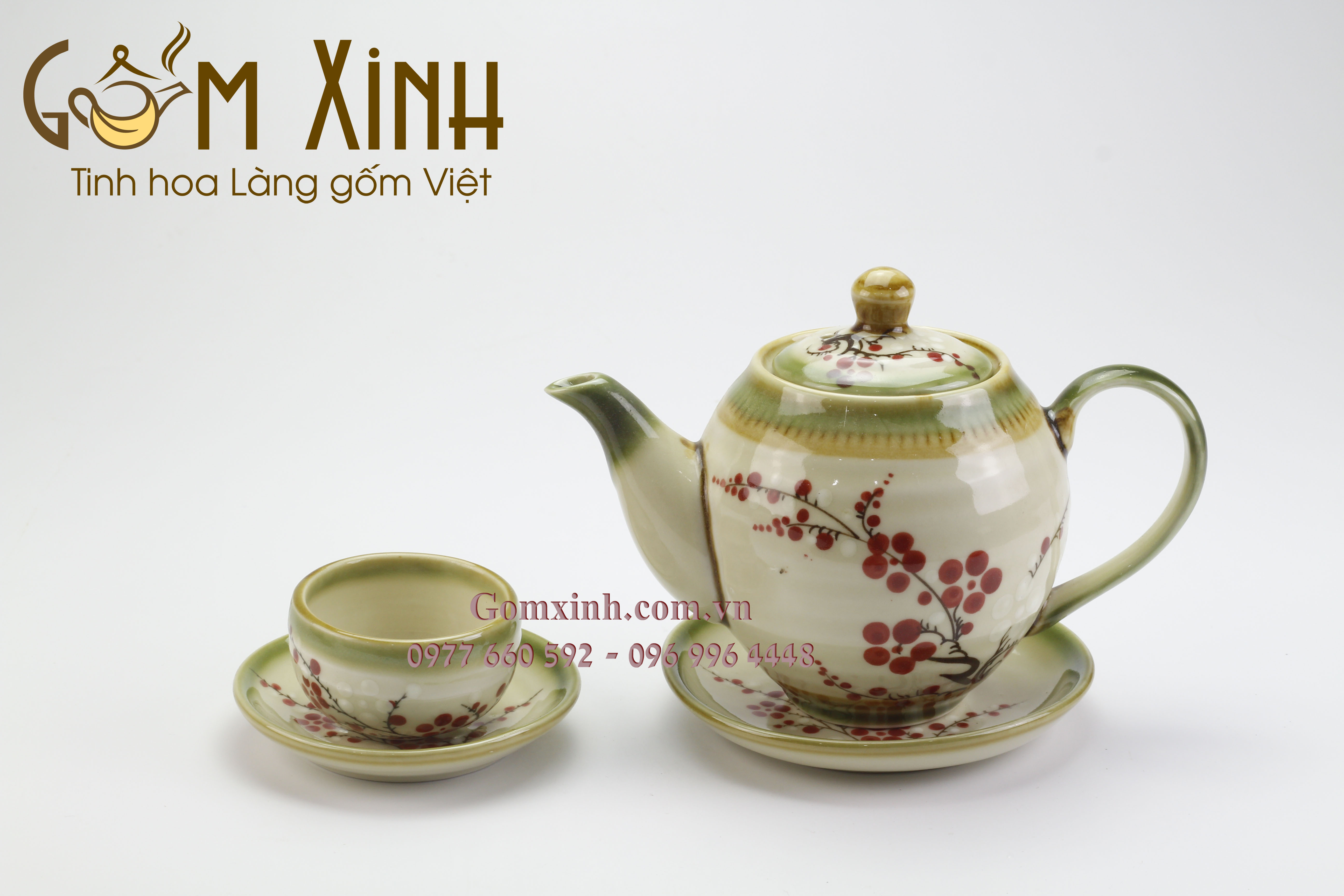 Bộ trà dáng Minh Long vẽ hoa đào kèm phụ kiện