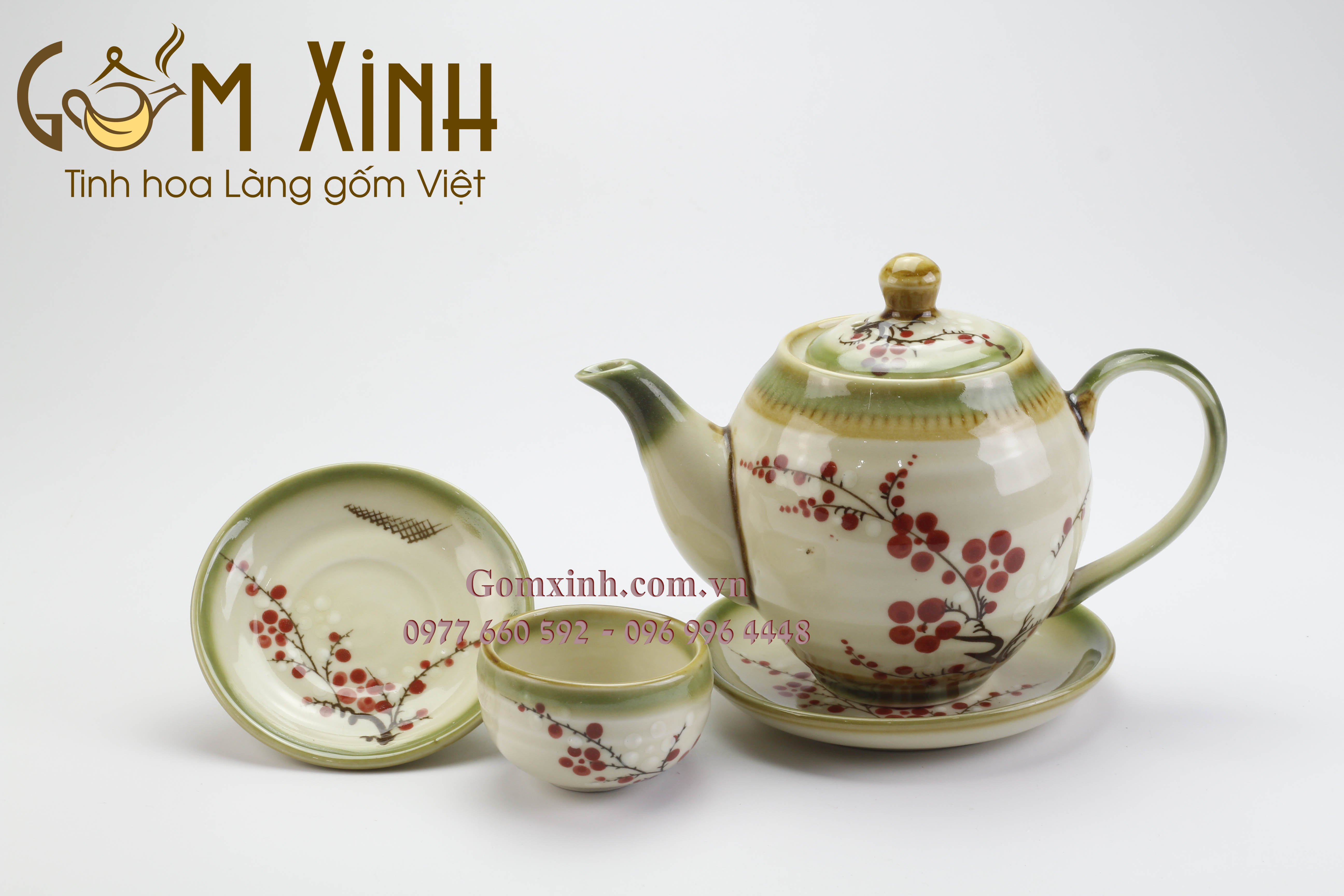 Bộ trà dáng Minh Long vẽ hoa đào kèm phụ kiện