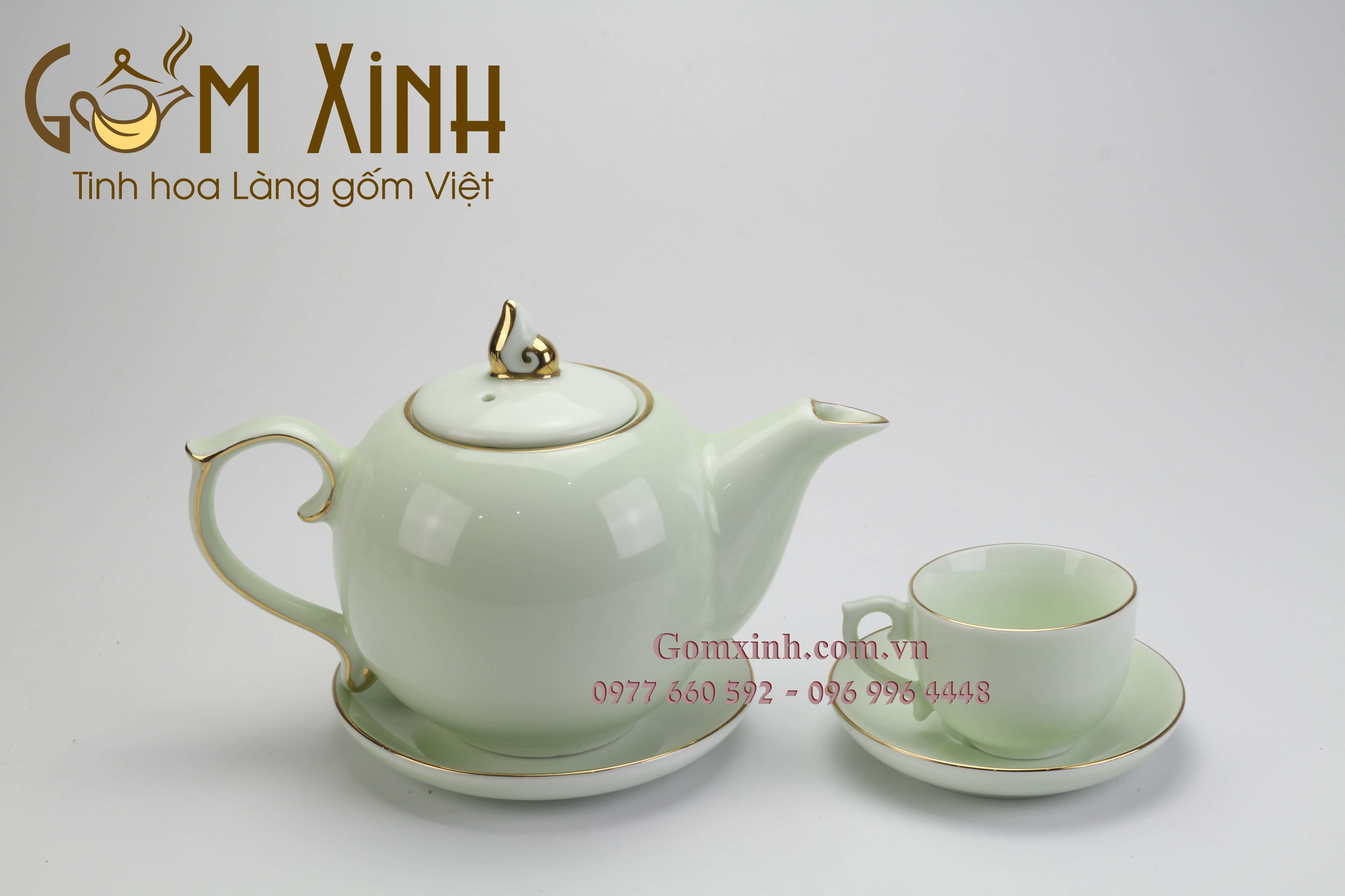 Bộ trà Chóp lửa cỡ S3 men xanh ngọc viền vàng kim