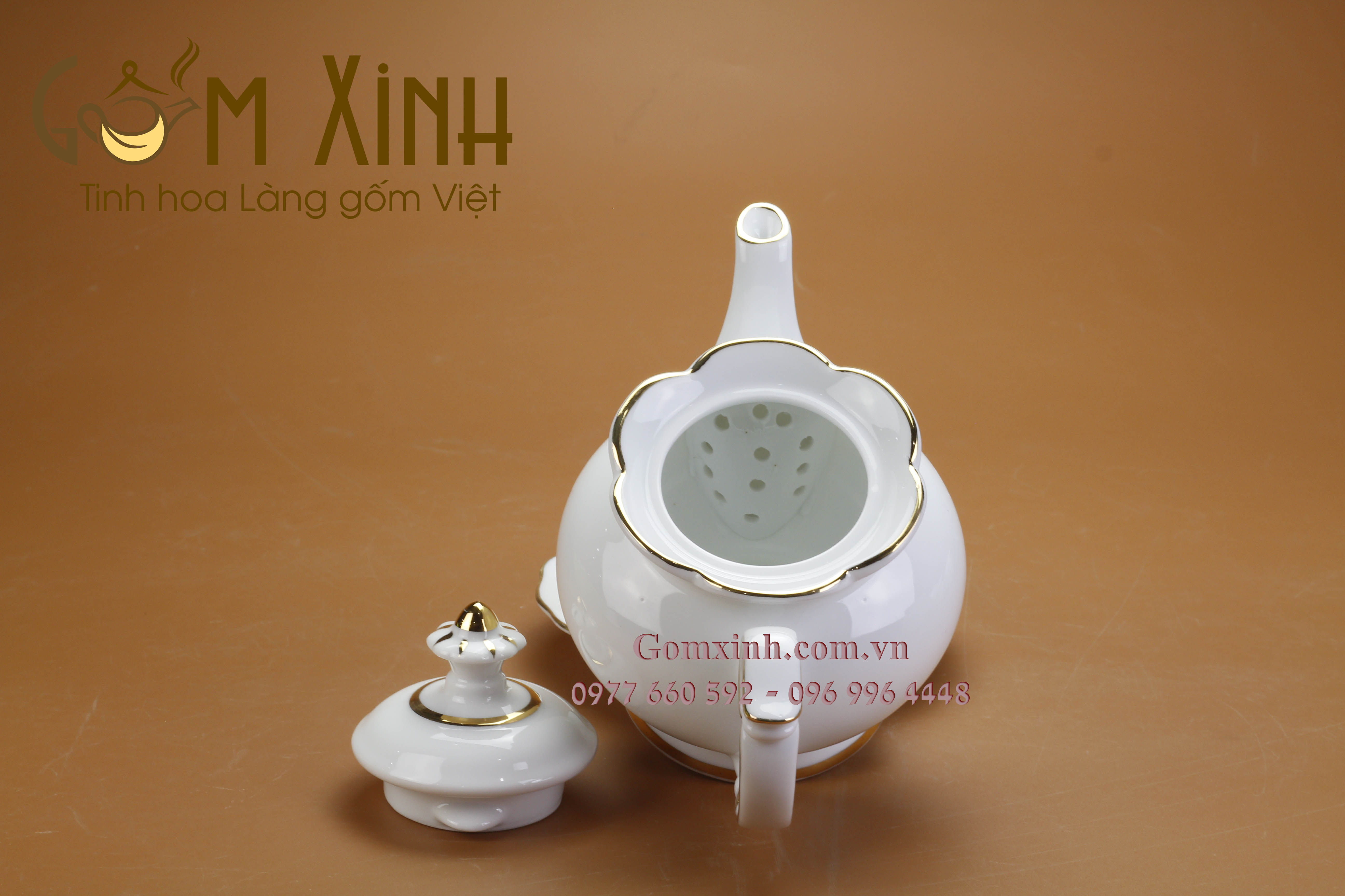 Bộ trà sứ Phú Quý miệng lượn vàng kim cỡ lớn