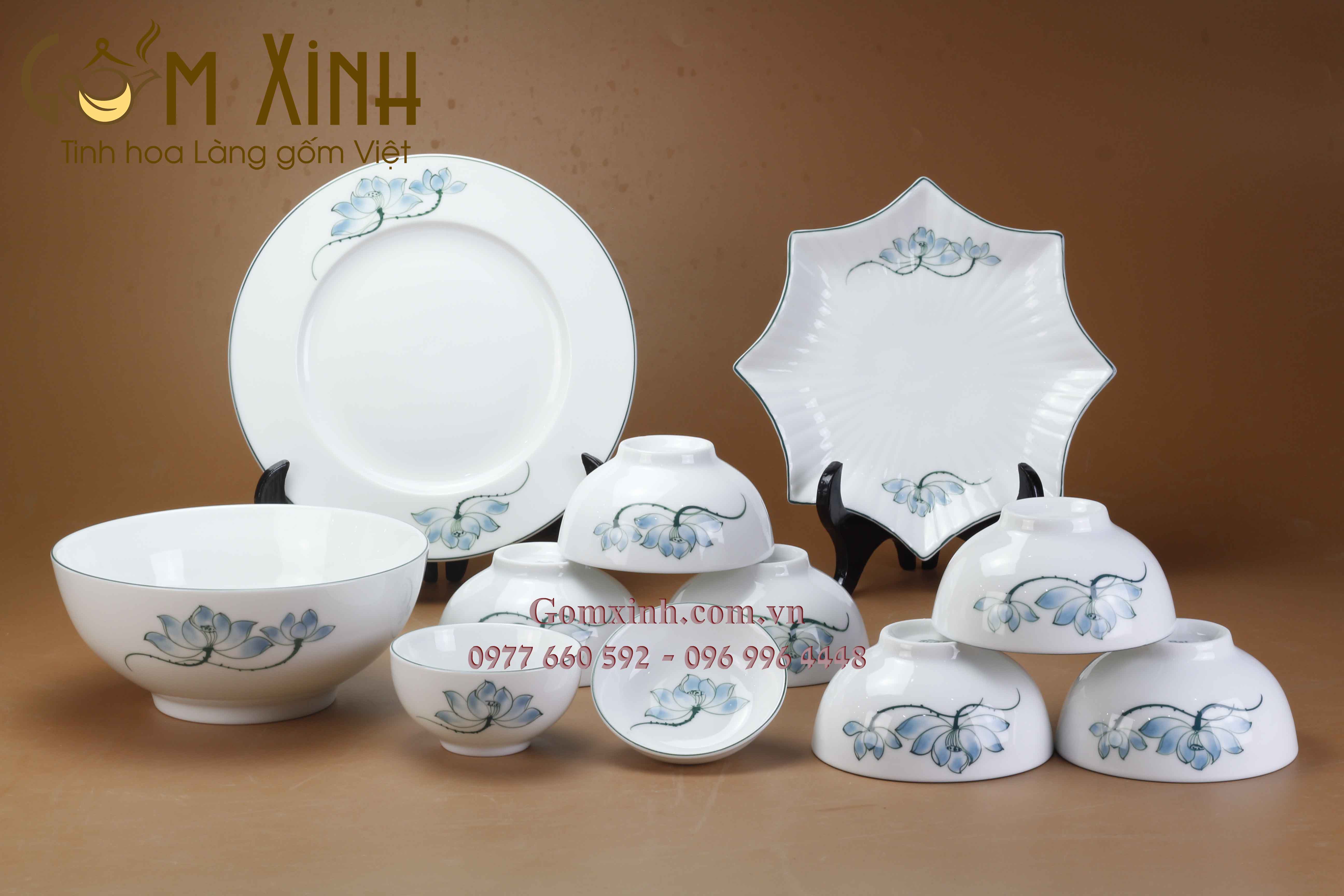 Bộ đồ ăn Bát Tràng hoa sen vẽ tay (set 5)