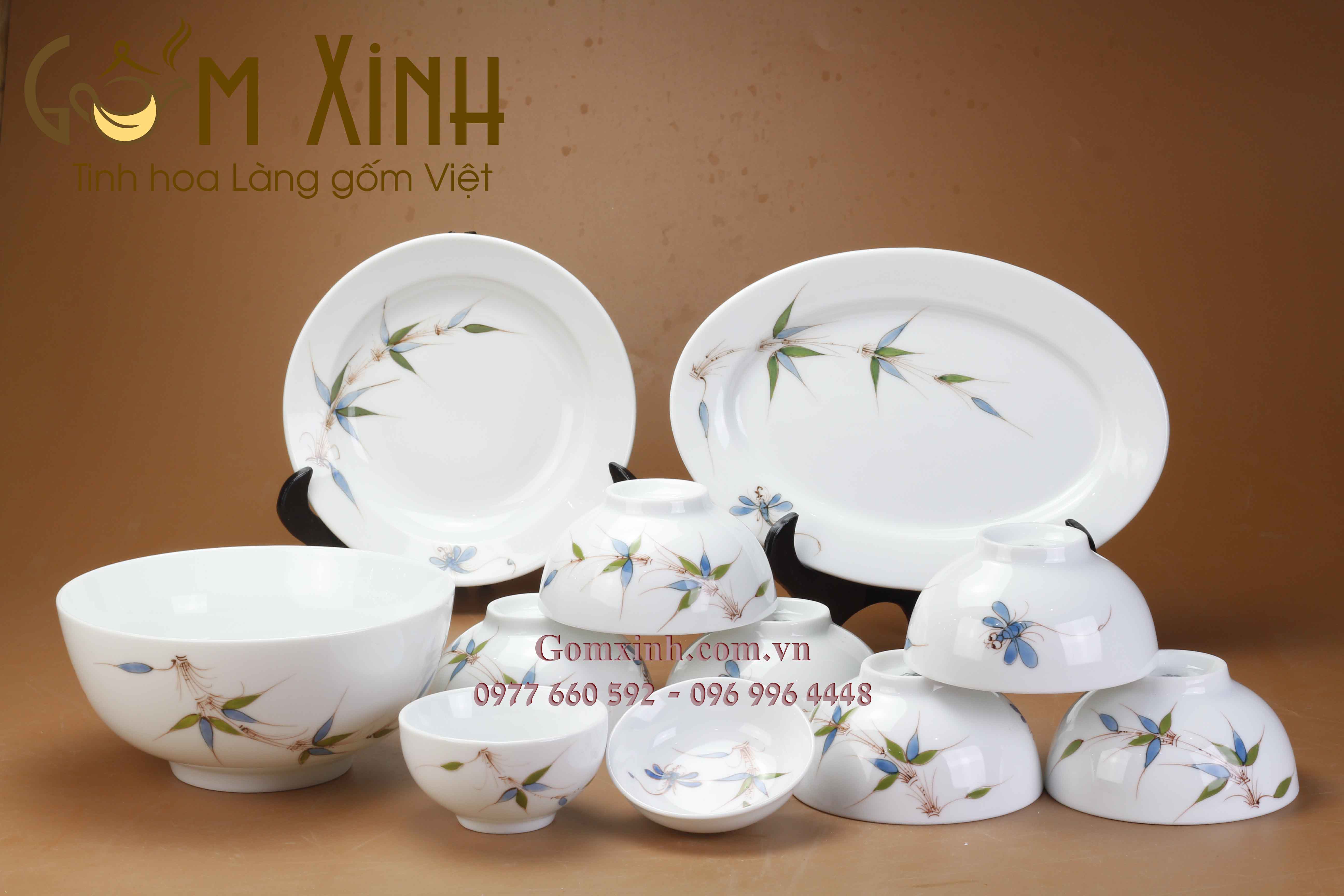 Bộ đồ ăn Bát Tràng họa tiết thanh trúc vẽ tay (set 2)