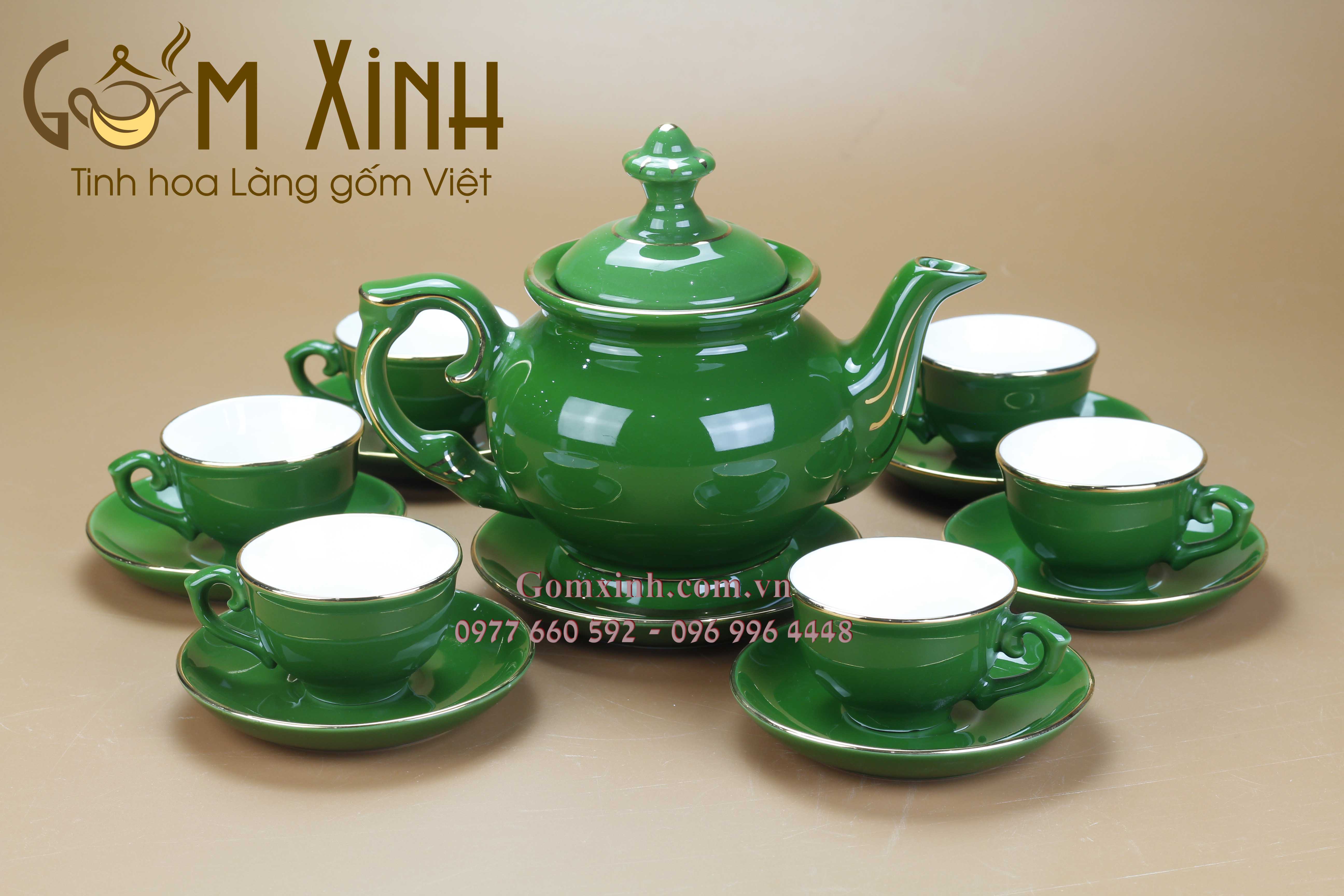 Bộ trà Phú Quý men Ngọc Lục Bảo viền vàng kim
