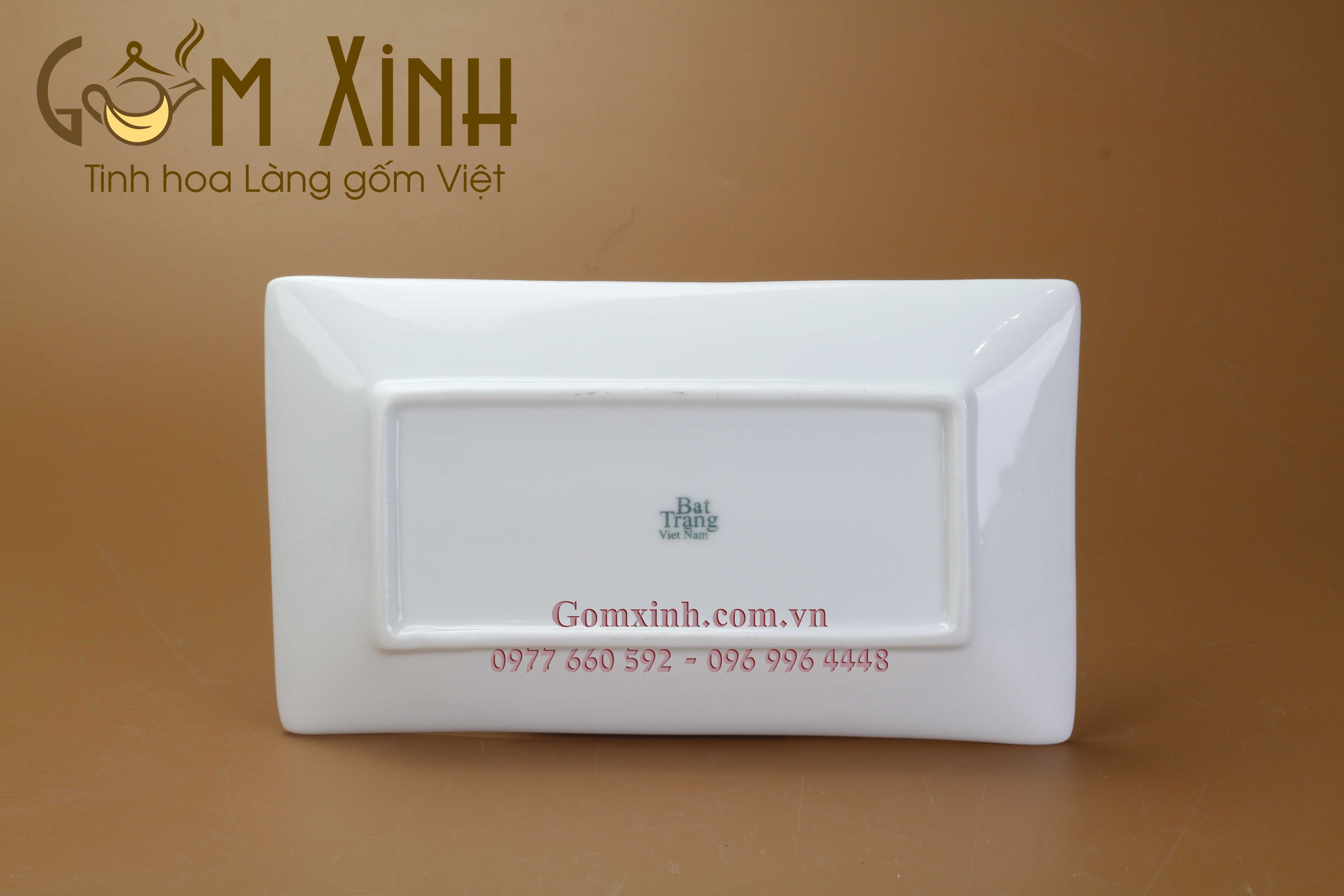 Khay chữ nhật S3 men trắng vẽ hoa sen (22cm x12cm)