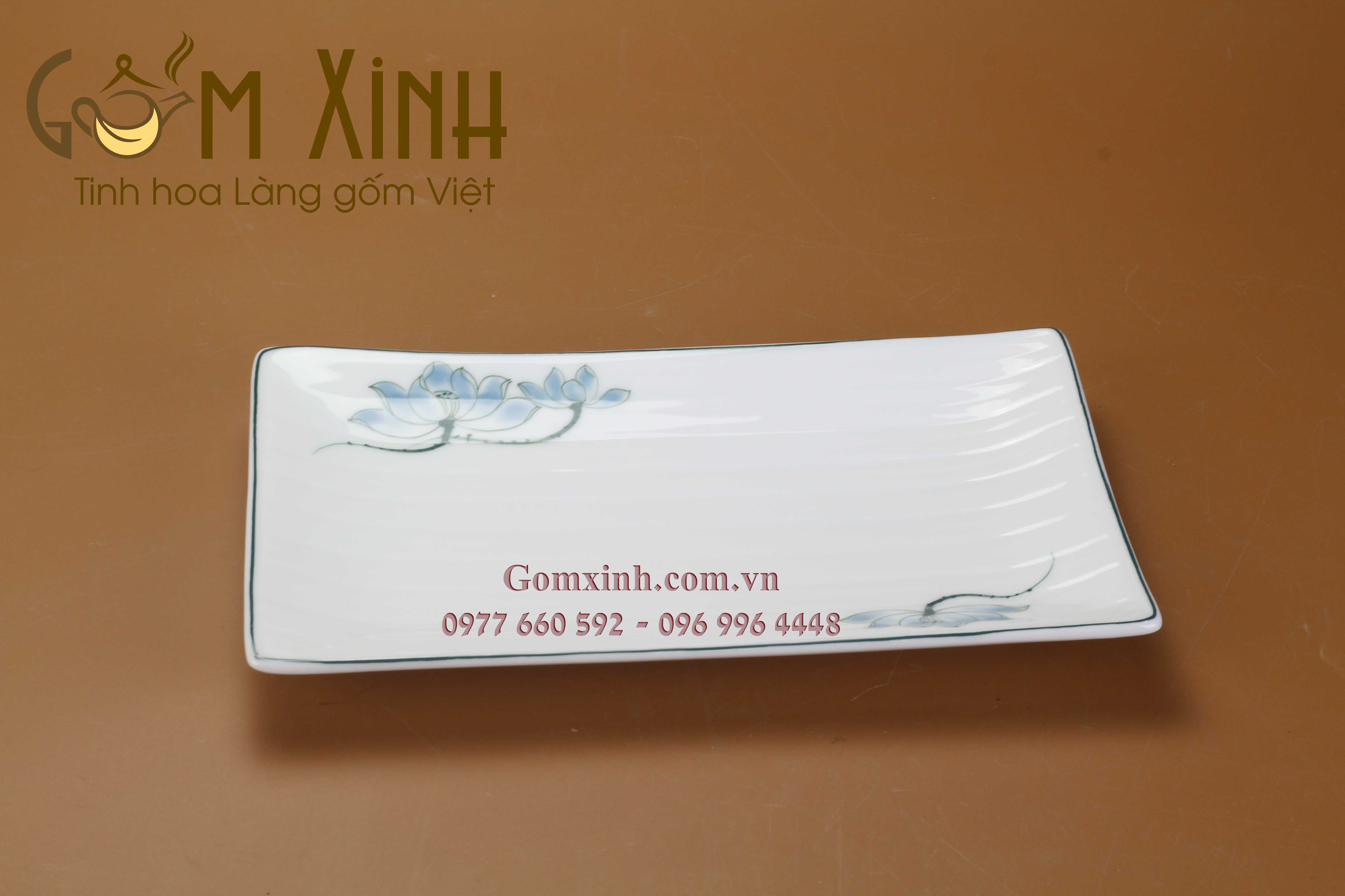 Khay chữ nhật S1 men trắng vẽ hoa sen (30cm x 18cm)