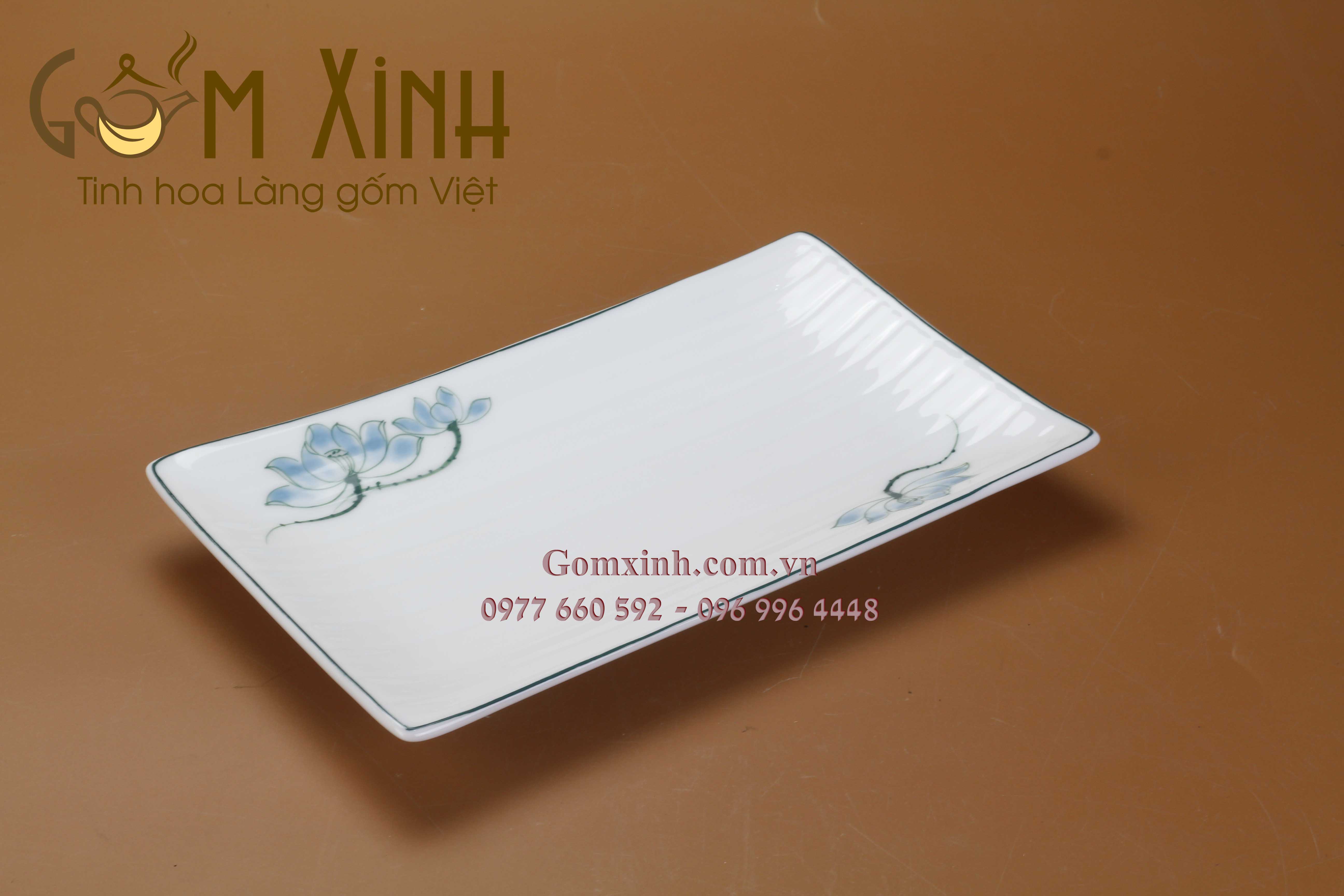 Khay chữ nhật S3 men trắng vẽ hoa sen (22cm x12cm)