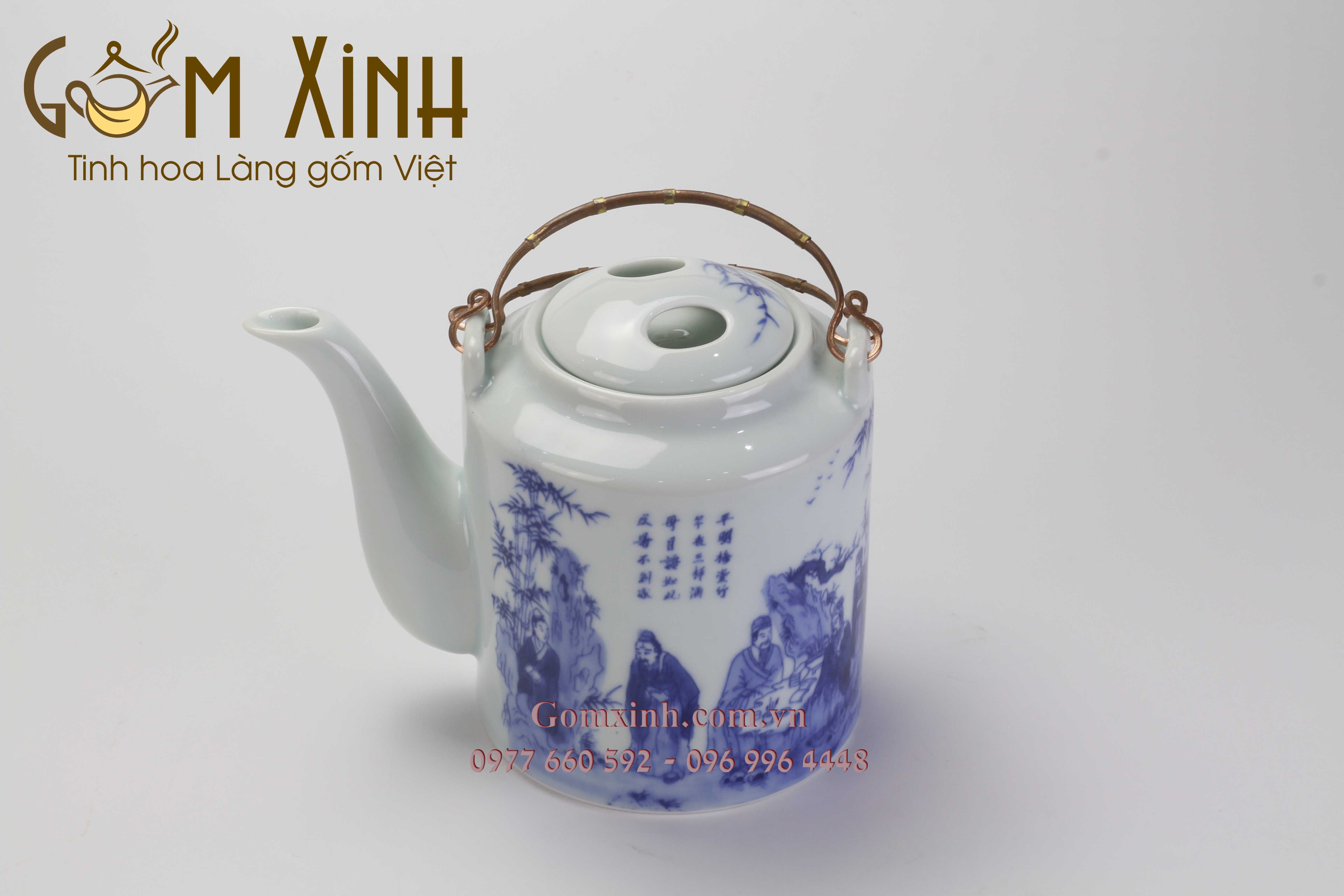 Bao ủ ấm kèm ấm tích 0.75 lít Trúc lâm thất hiền (dòng men lam cổ cao cấp)