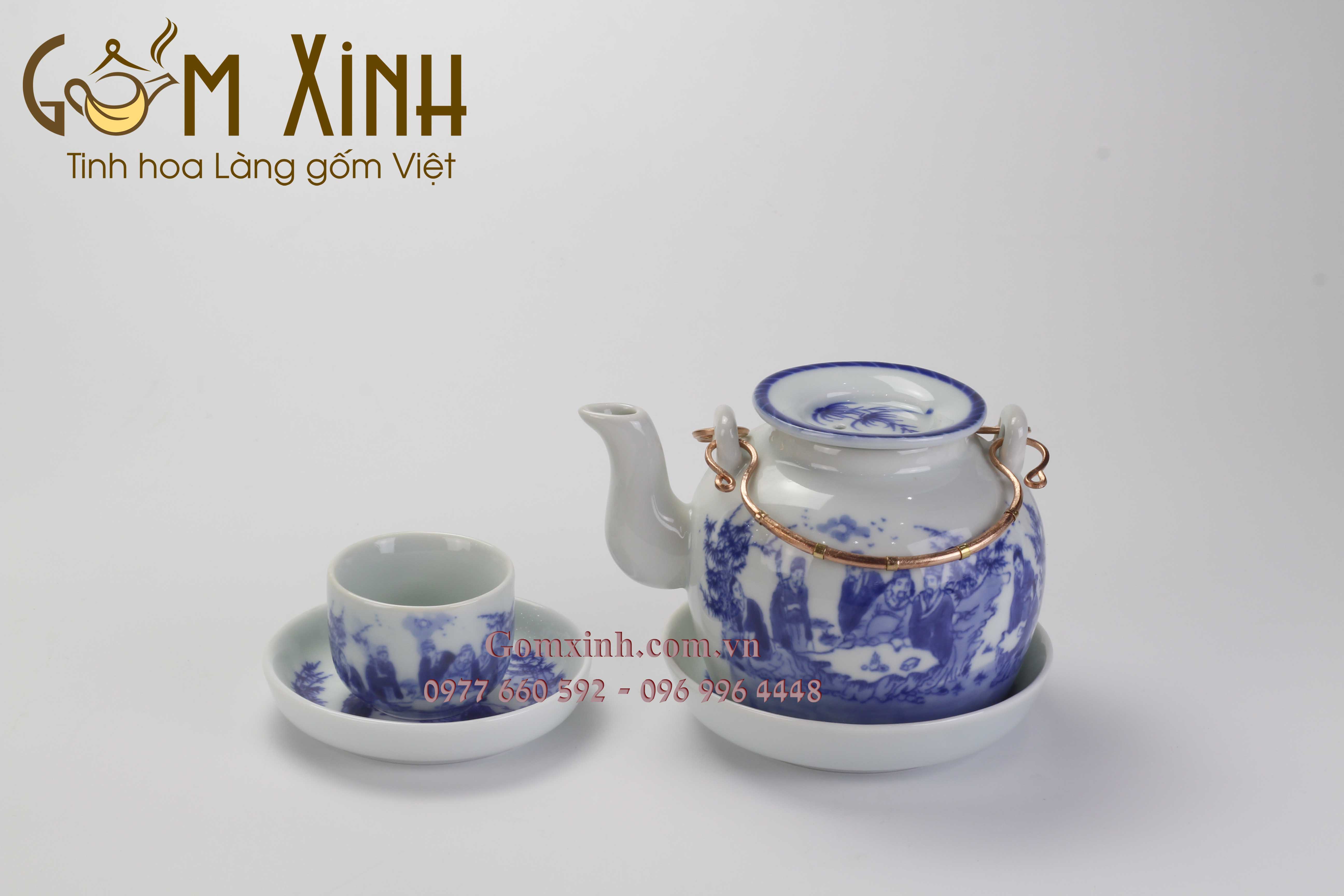 Bộ Vung lõm Trúc lâm thất hiền men lam cổ kèm phụ kiện