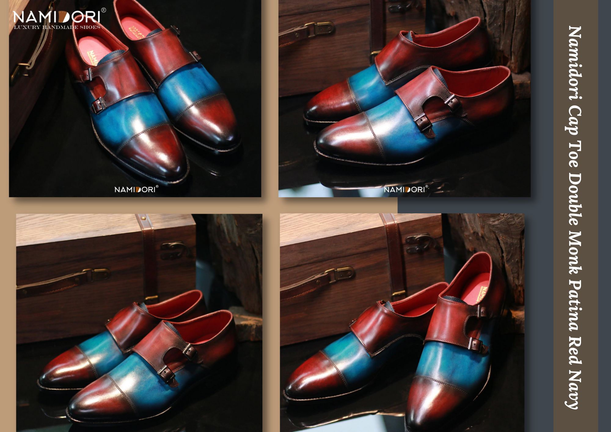 Cap Toe Double Monk Patina Red Navy