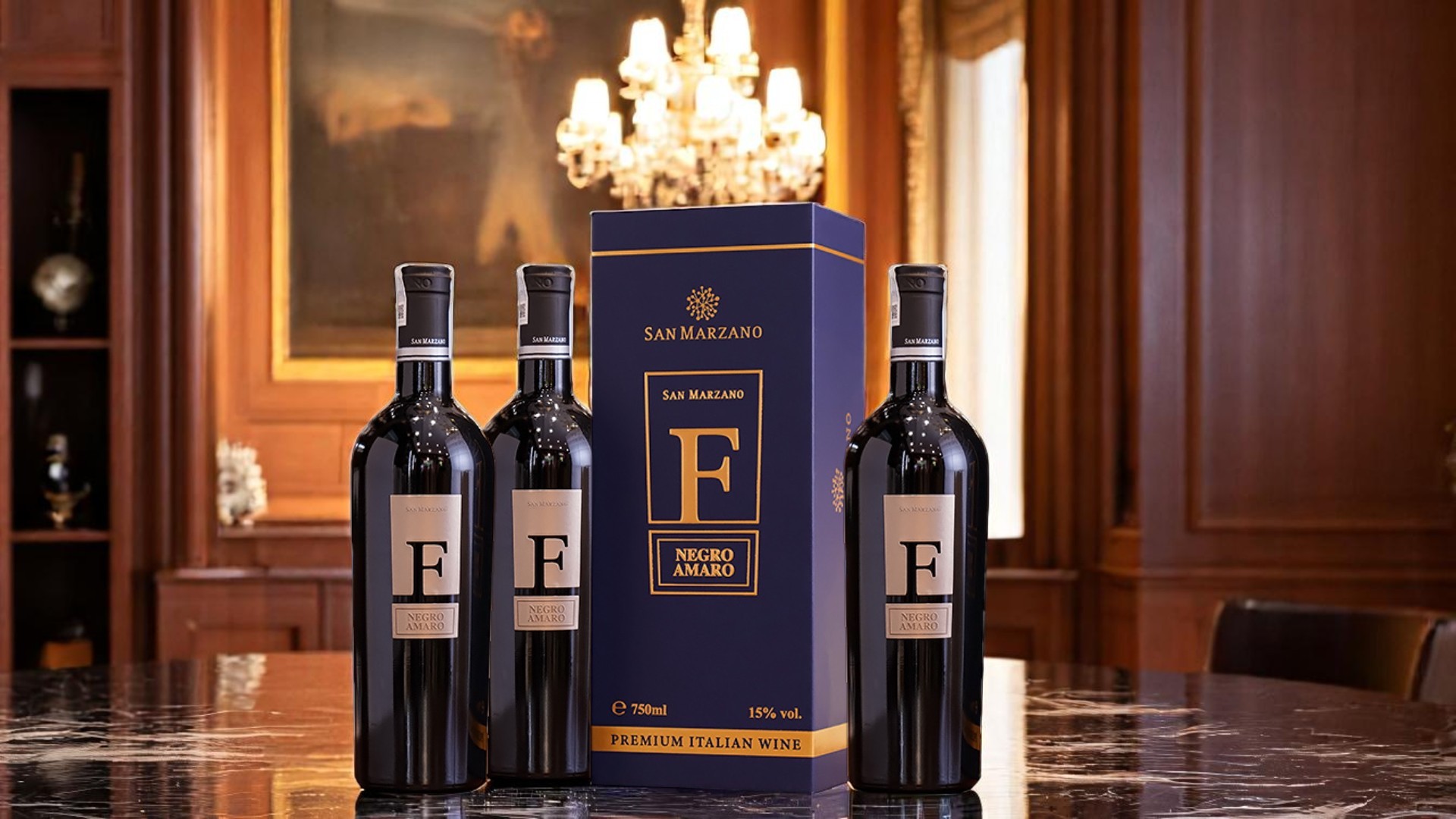 Ba chai rượu vang F trên mặt bàn