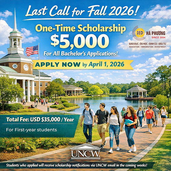UNCW – HỌC BỔNG $5,000 KỲ THU 2026 | CAMPUS VEN BIỂN ĐẸP TOP MỸ