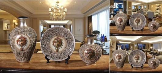 Bộ bình dĩa gốm trang trí kiểu cổ