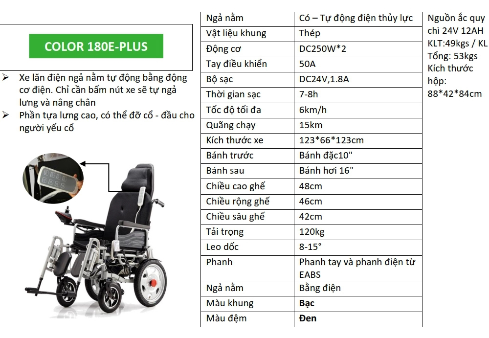 Xe lăn điện Color 180E PLUS với những tính năng vượt trội