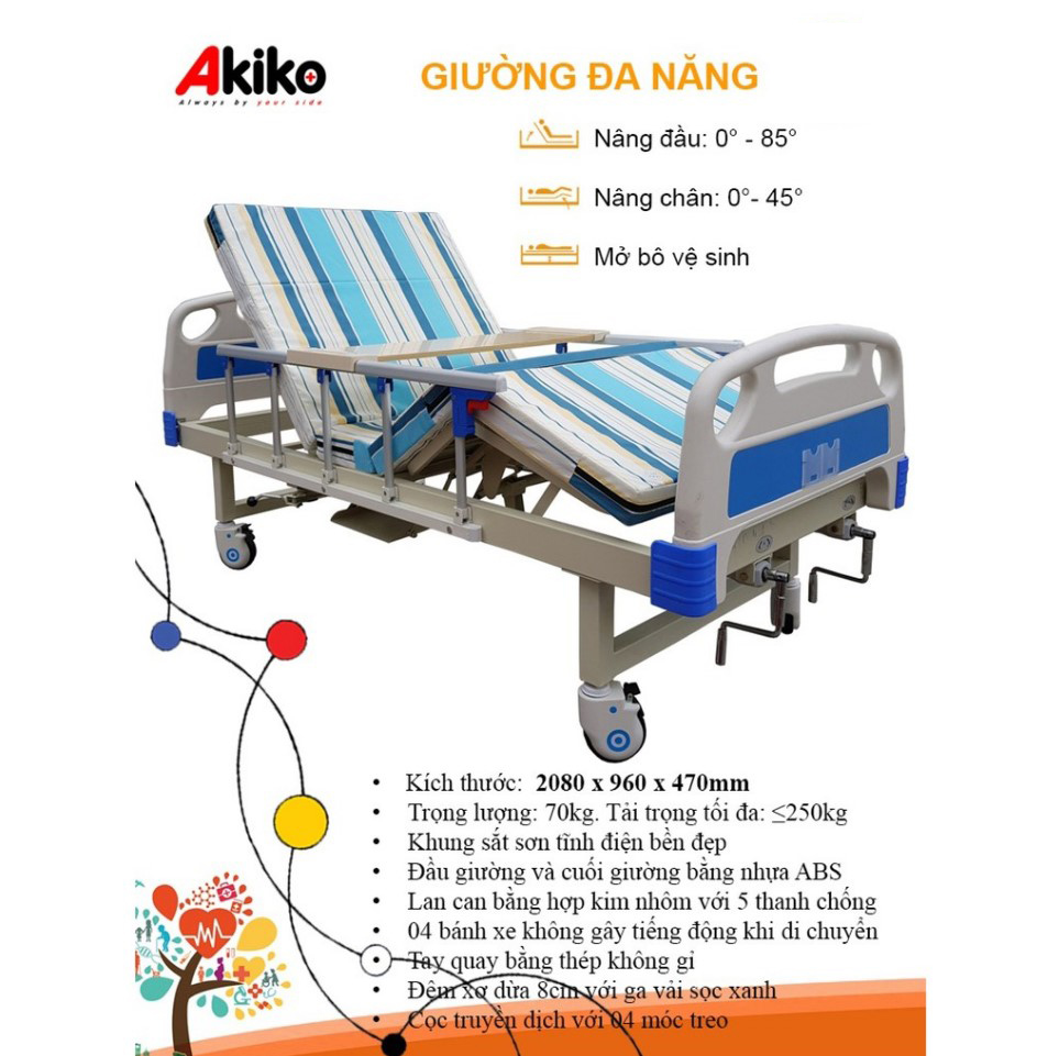 Giường y tế 3 tay quay Akiko A88 có bô vệ sinh, bàn ăn tiện khi chăm sóc người bệnh