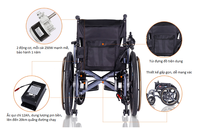 Xe lăn điện COLOR 180K thiết kế xe được chế tạo bằng khung thép chắc chắn, tải trọng lên đến 120kg