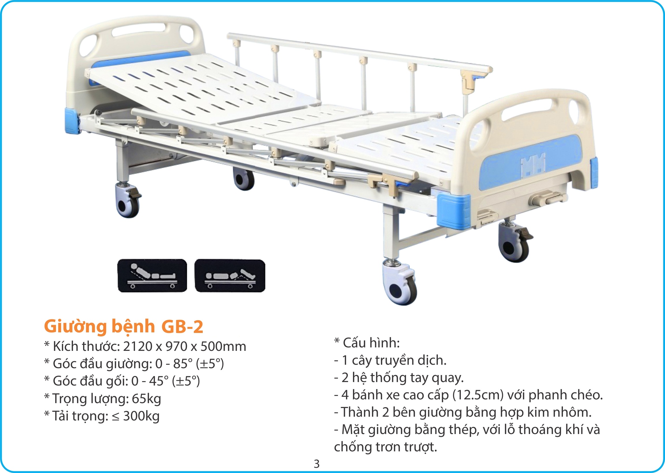 Giường bệnh nhân 2 tay quay Lucass GB-2 được làm từ chất liệu cao cấp