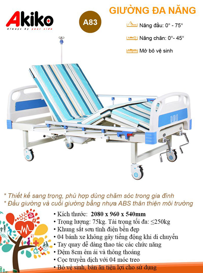 Giường bệnh đa năng AKIKO A83 2 được trang bị 2 tay quay