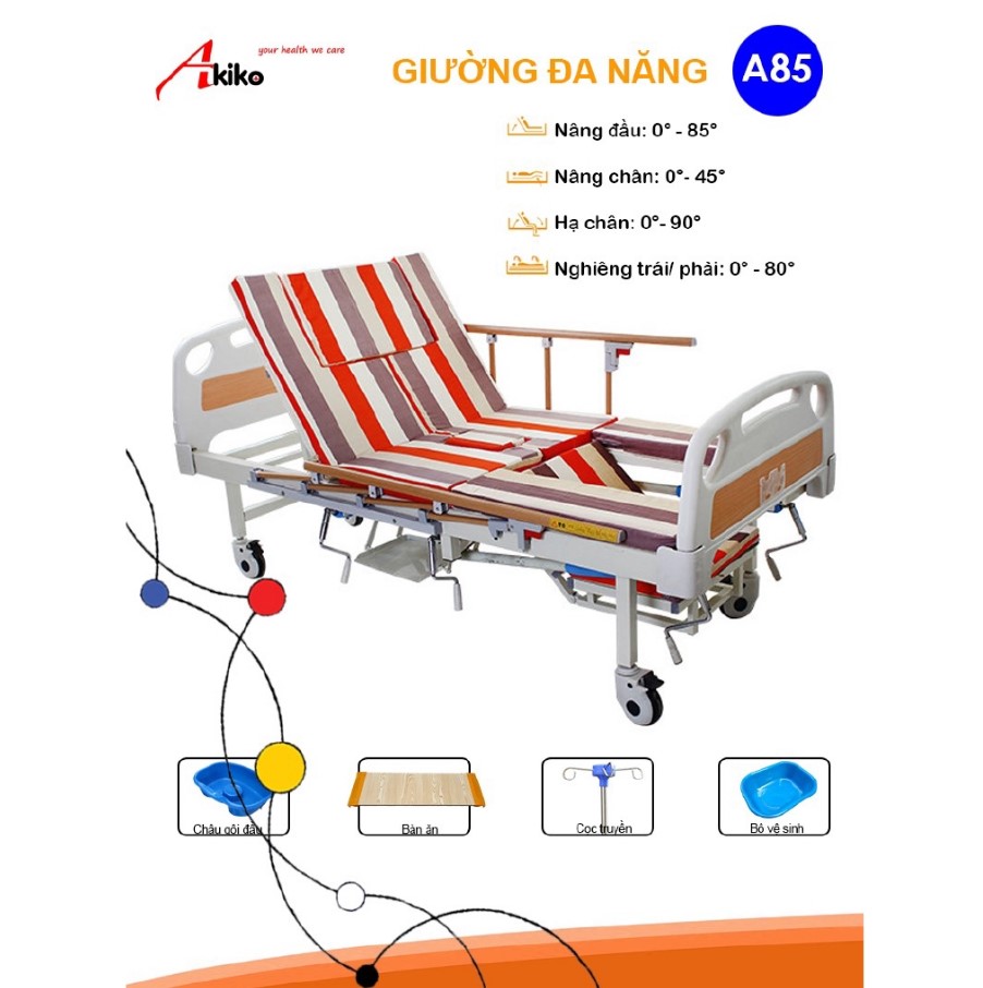 Giường bệnh nhân đa năng 5 tay quay AKIKO A85 giúp hỗ trợ việc chăm sóc người bệnh tốt hơn
