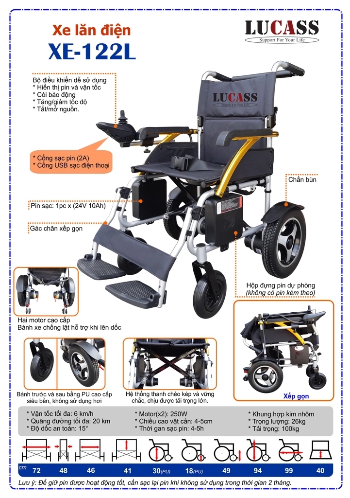 Xe lăn điện Lucass XE-122L chịu được trọng tải lớn, phù hợp với mọi kết cấu cơ thể