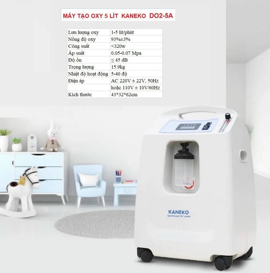 Máy tạo Oxy Kaneko DO2-5A kích thước nhỏ gọn, có 4 bánh xe di chuyển