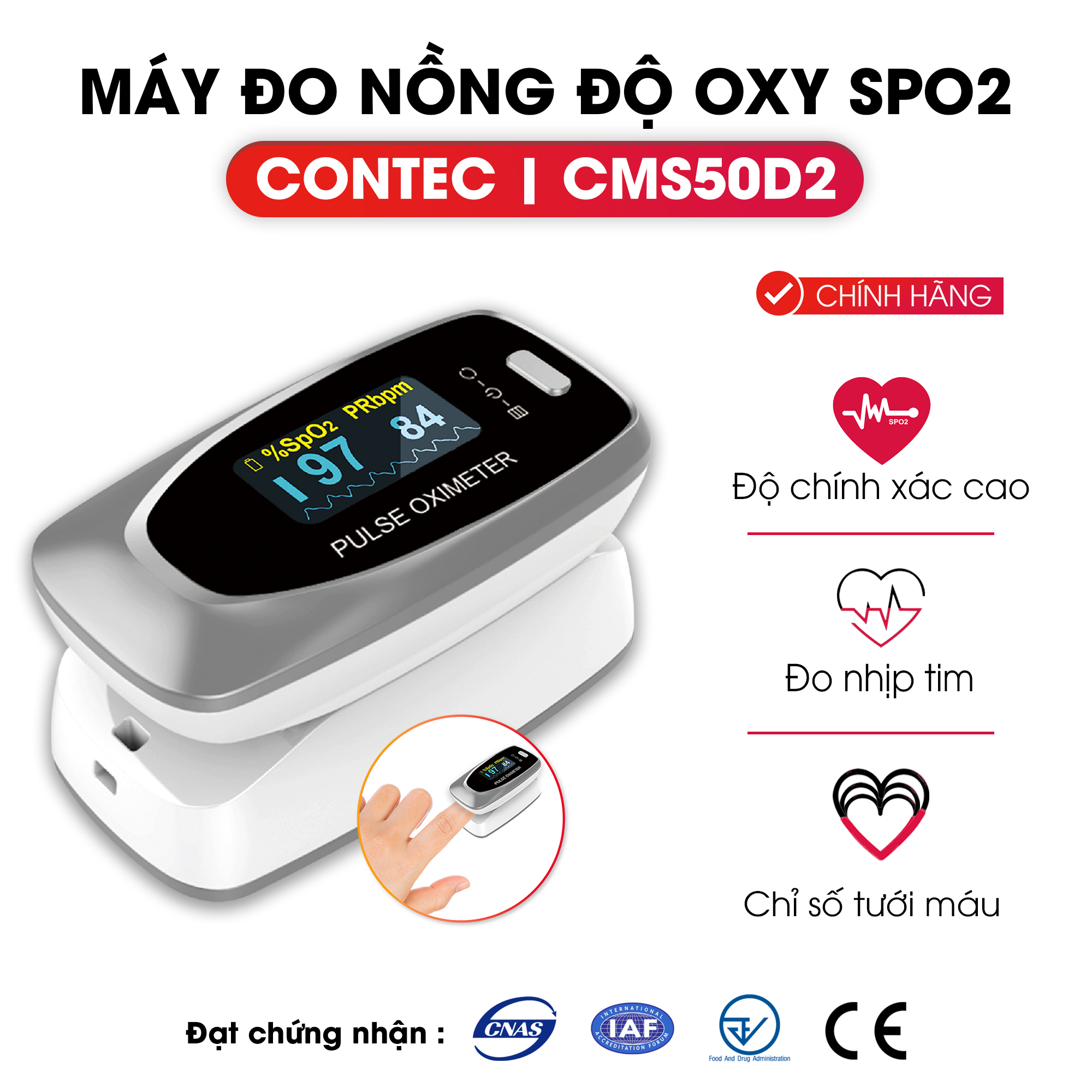 Máy đo nồng độ Oxy trong máu SPO2 Contec CMS50D2 có thể đưa ra kết quả chính xác nhất