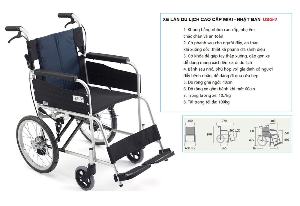 Xe lăn cao cấp Miki USG-2 hỗ trợ tối đa cho người bệnh