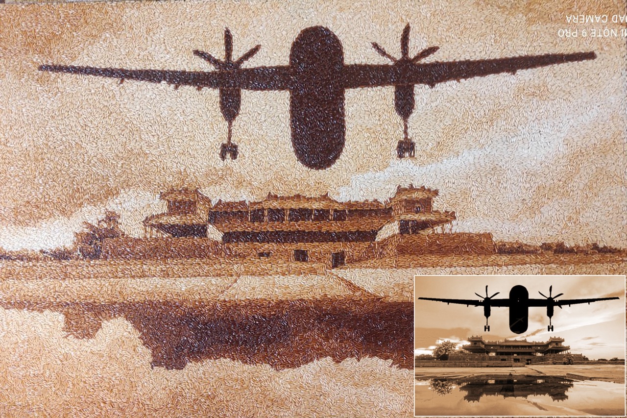 Tranh Gạo Phong Cảnh Máy Bay Và Cung Thành